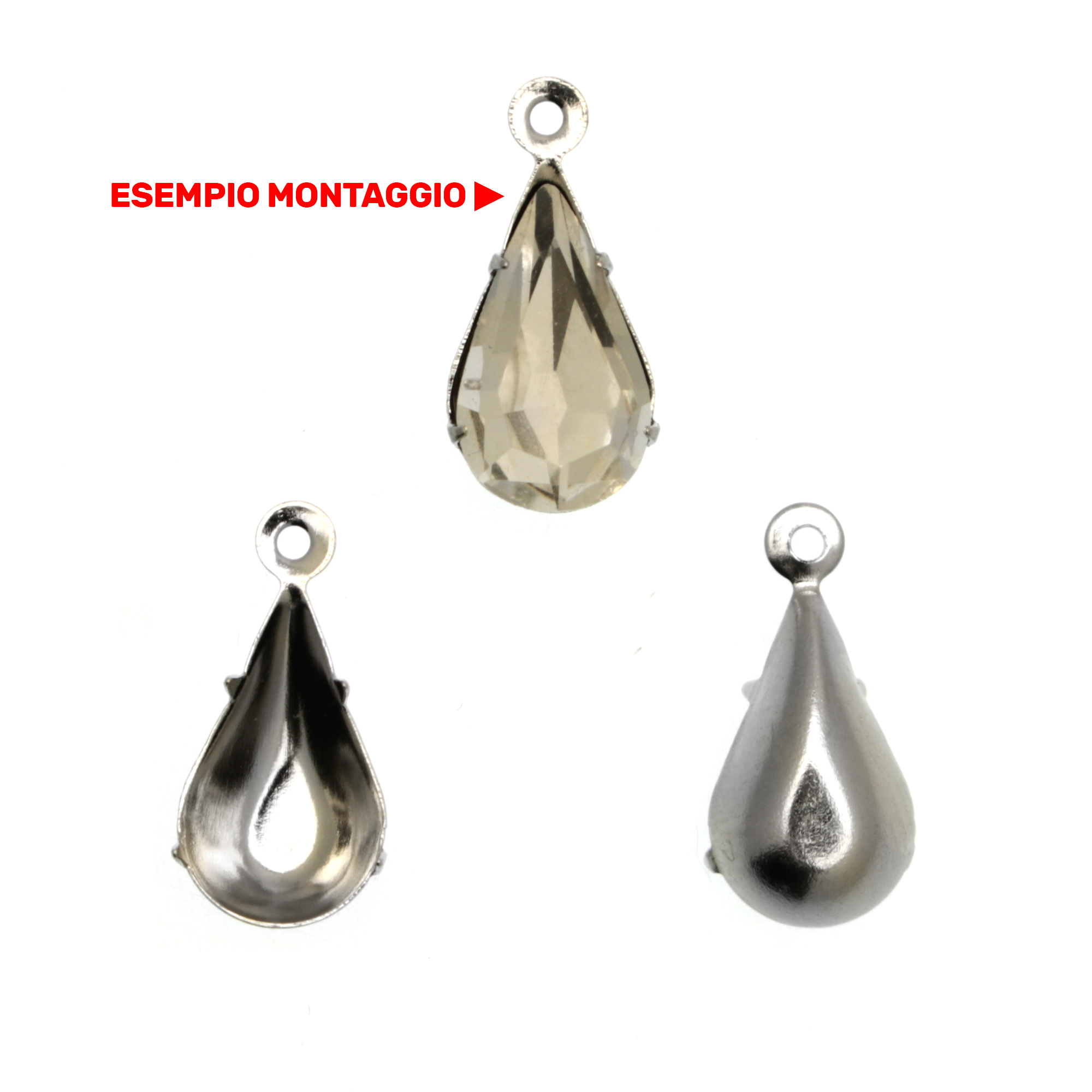 Porta gemma ovale, con anello tondo chiuso in alto, a ciondolo, 6x10mm.