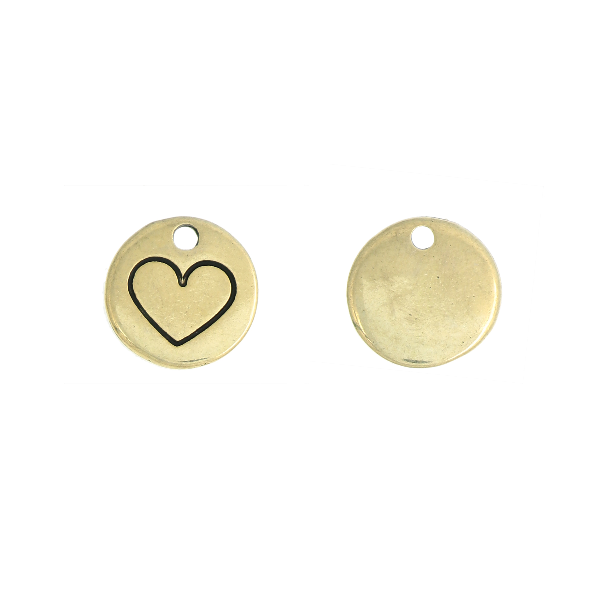 Ciondolo a forma Tonda con Cuore inciso, con un Foro in alto, 12 mm.