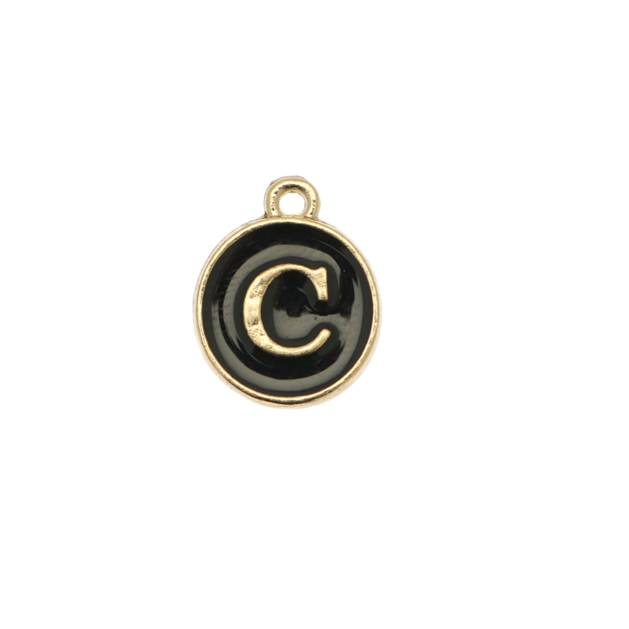  Ciondolo a forma di medaglia tonda con lettera "C", smaltata Nera, 12x14 mm.