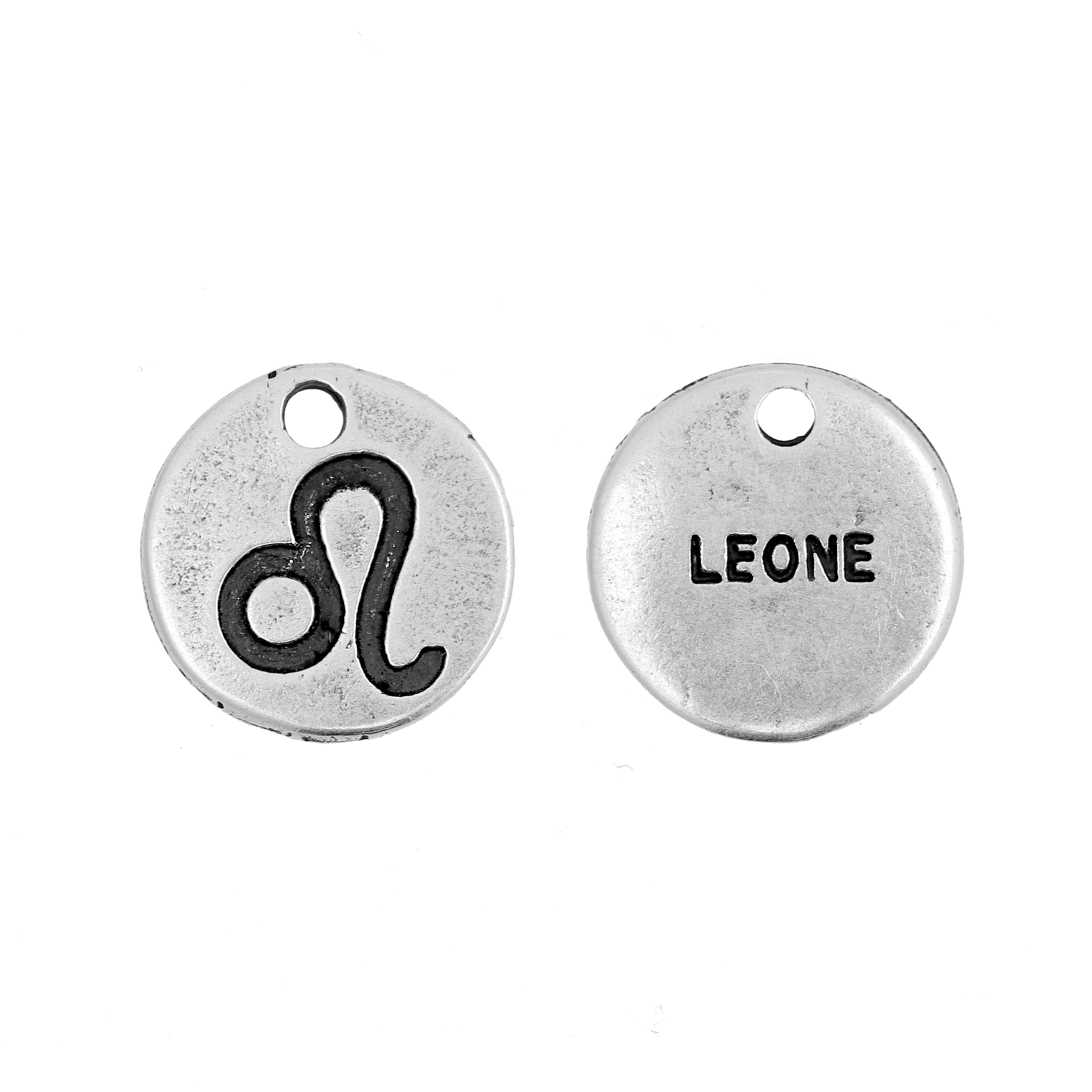 Ciondolo segno zodiacale "Leone", colore Argento Anticato, diametro 12 mm.