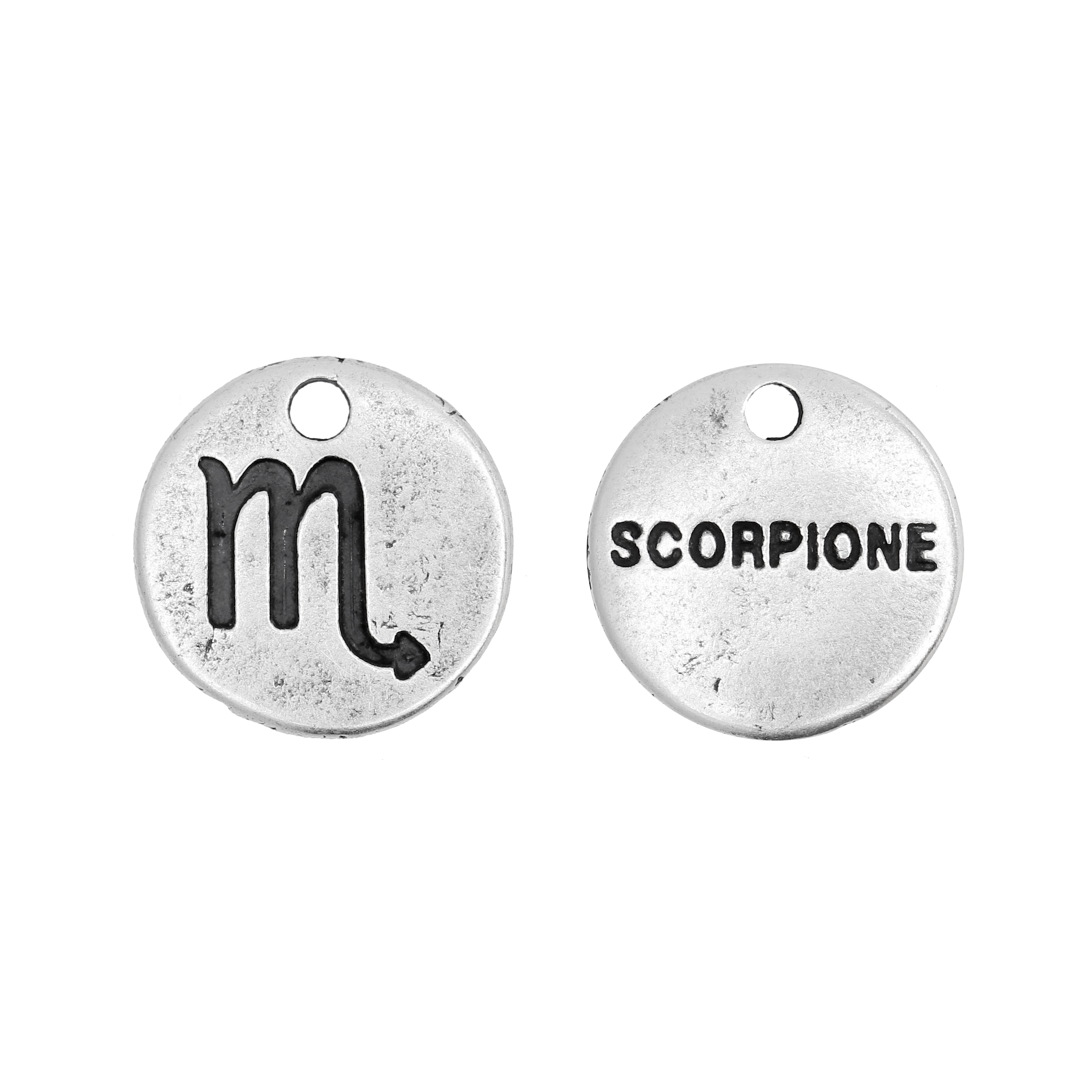 Ciondolo segno zodiacale "Scorpione", colore Argento Anticato, diametro 12 mm.
