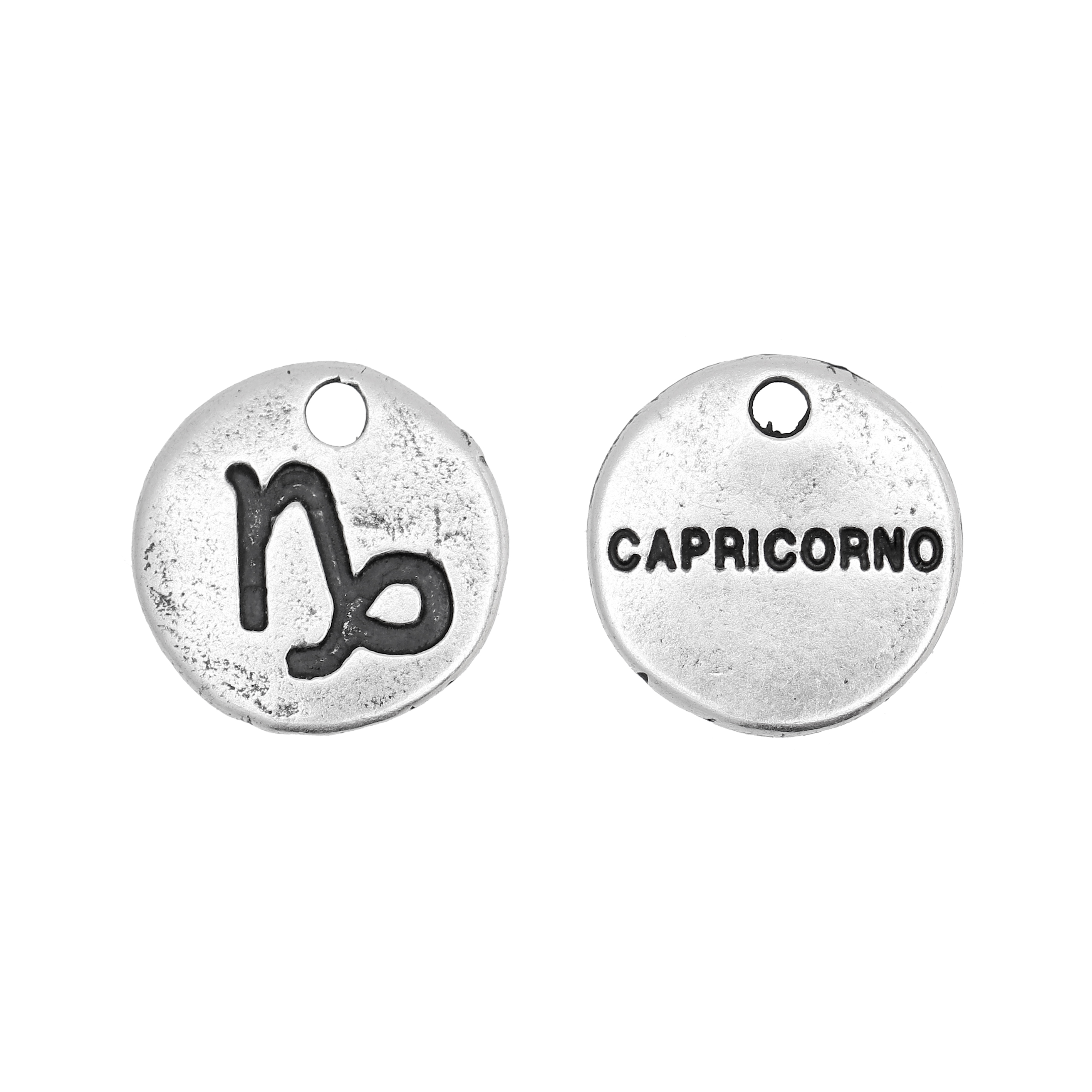Ciondolo segno zodiacale "Capricorno", colore Argento Anticato, diametro 12 mm.