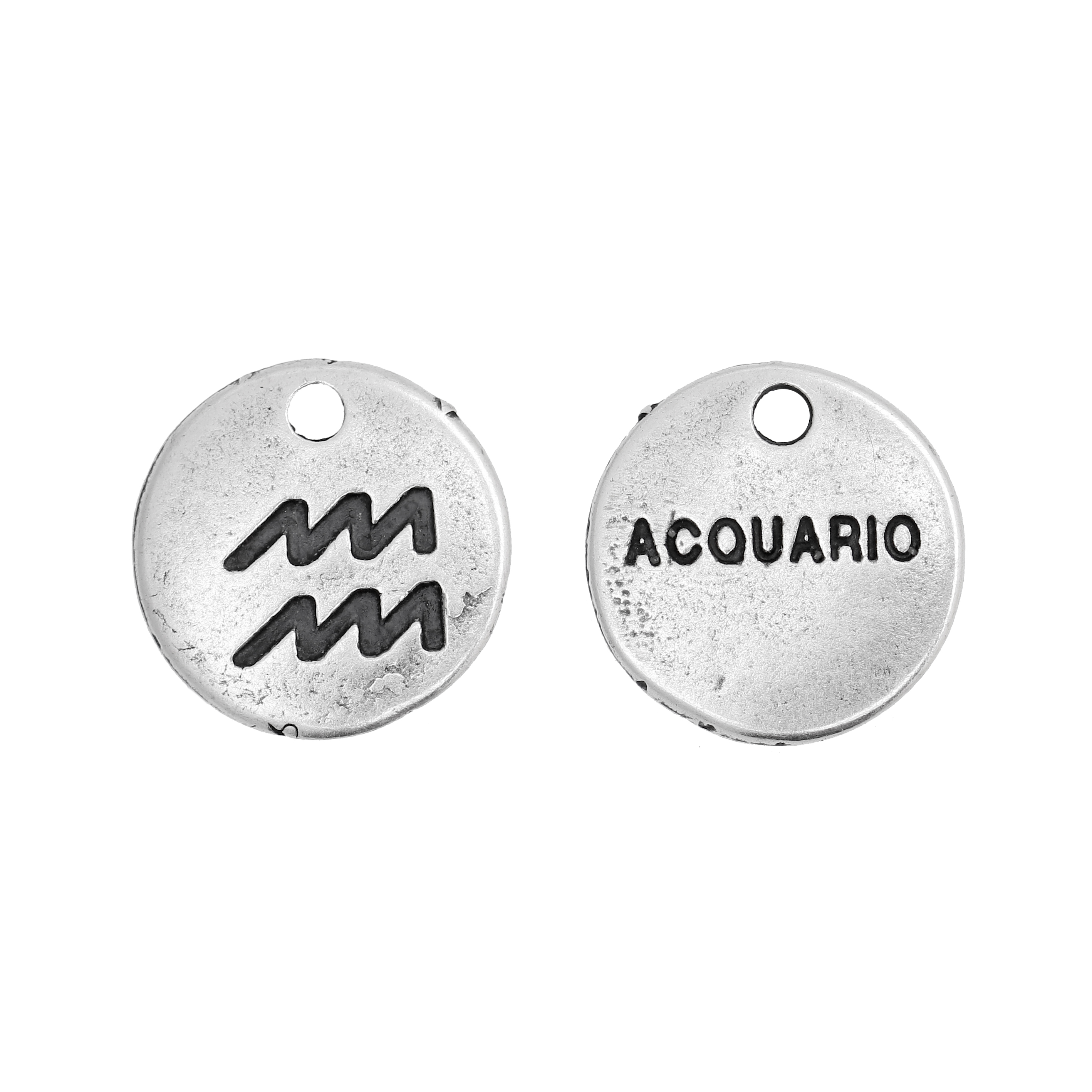 Ciondolo segno zodiacale "Acquario", colore Argento Anticato, diametro 12 mm.