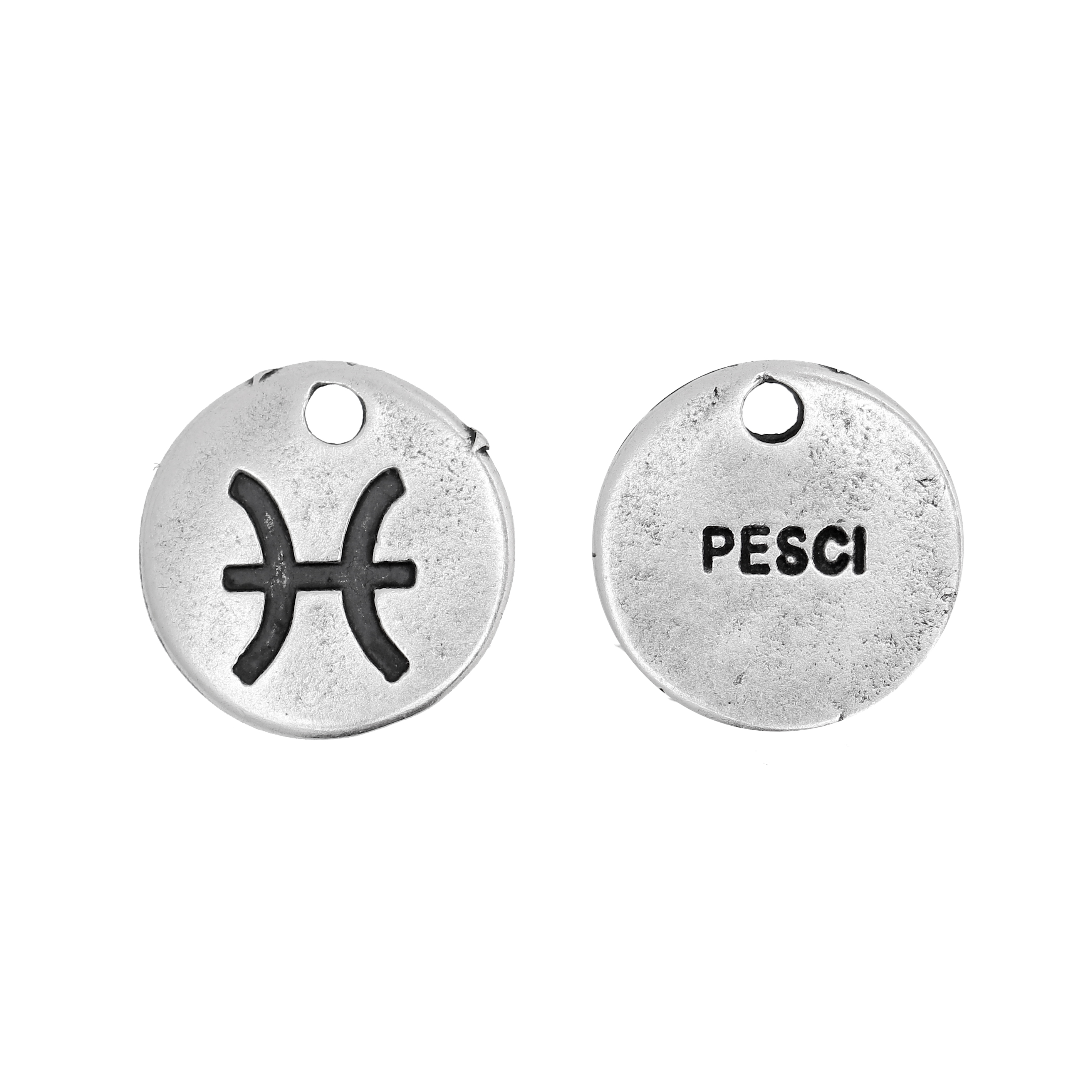 Ciondolo segno zodiacale "Pesci", colore Argento Anticato, diametro 12 mm.