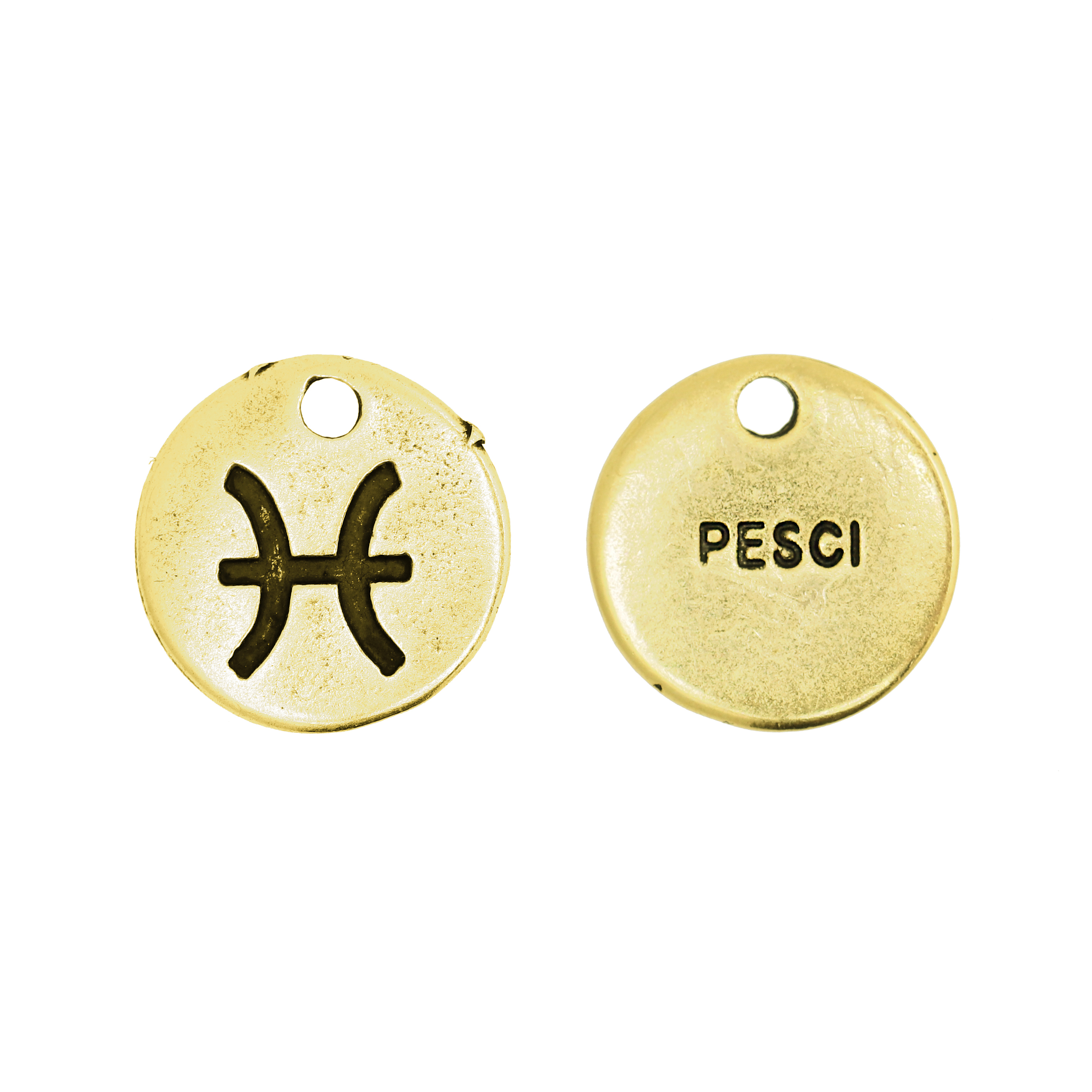 Ciondolo segno zodiacale "Pesci", colore Oro Anticato, diametro 12 mm.