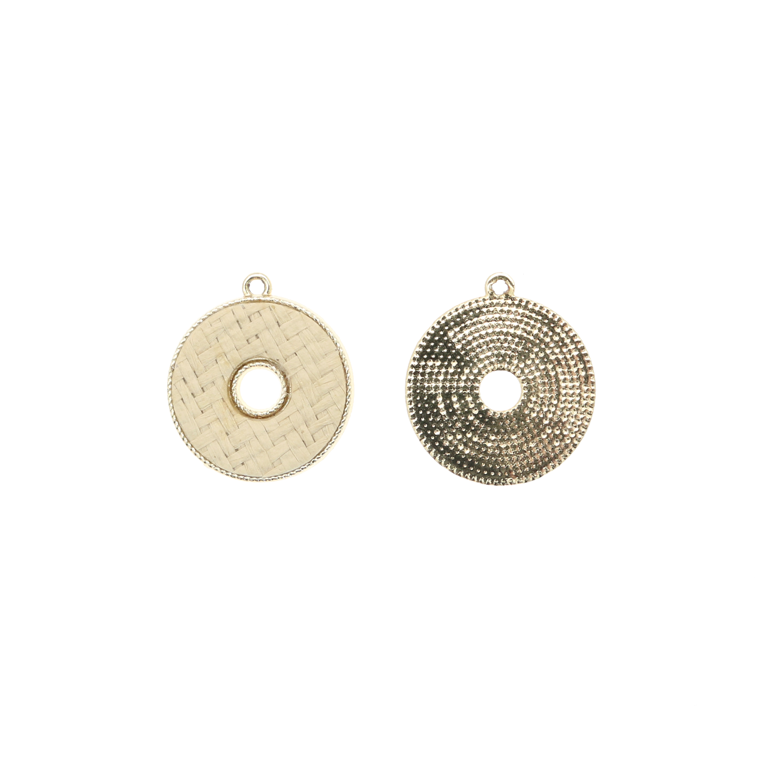 Ciondolo a forma di tondo forato, piatto, con rattan naturale, 25x28 mm.