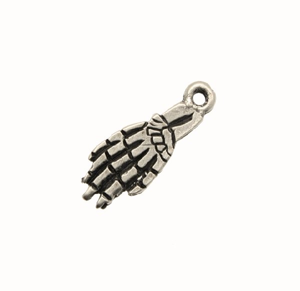 Ciondolo a forma di mano di scheletro piatta, 25x9 mm.