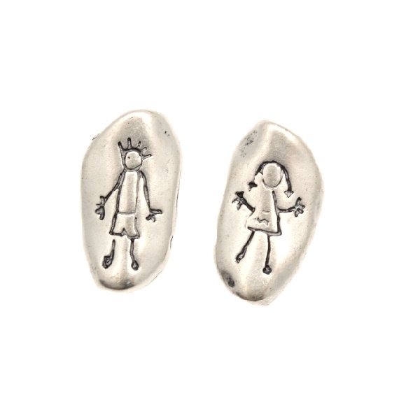 Distanziatore ovale piatto liscio con disegno bimba  su un lato e bimbo sull'altro, 18x10 mm.