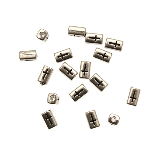 Distanziatore a tubo liscio rettangolare, con disegno a croce sopra e sotto, 4x7 mm.