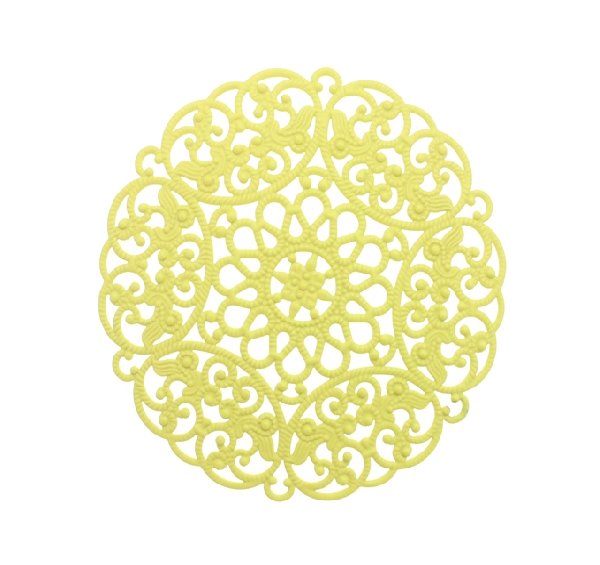 Filigrana tonda leggermente bombata, traforata a riccioli, base in ottone, 68 mm., colore Giallo fluo effetto gommoso