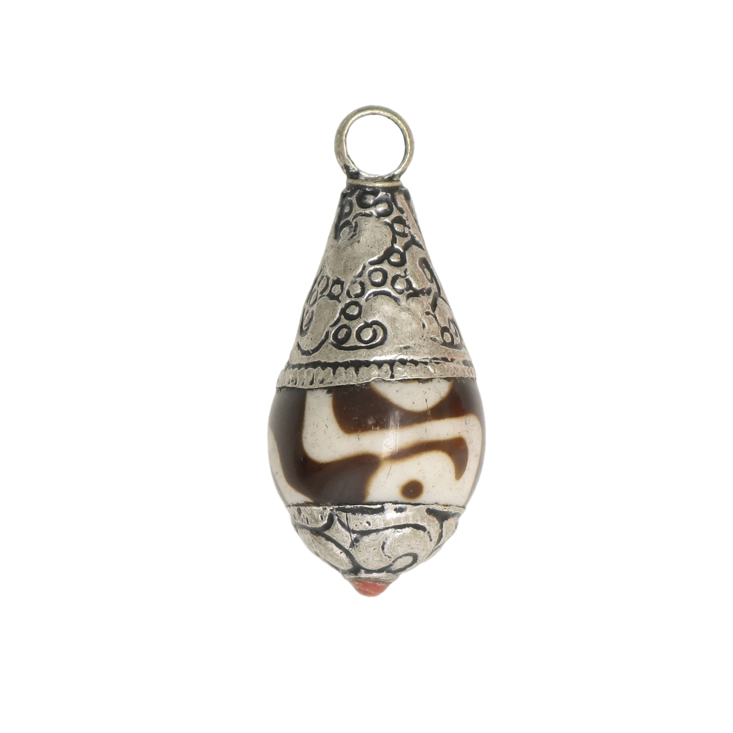 Ciondolo a Goccia in resina, colore MARRONE e striature in bianco, 33x16 mm, base colore Argentone