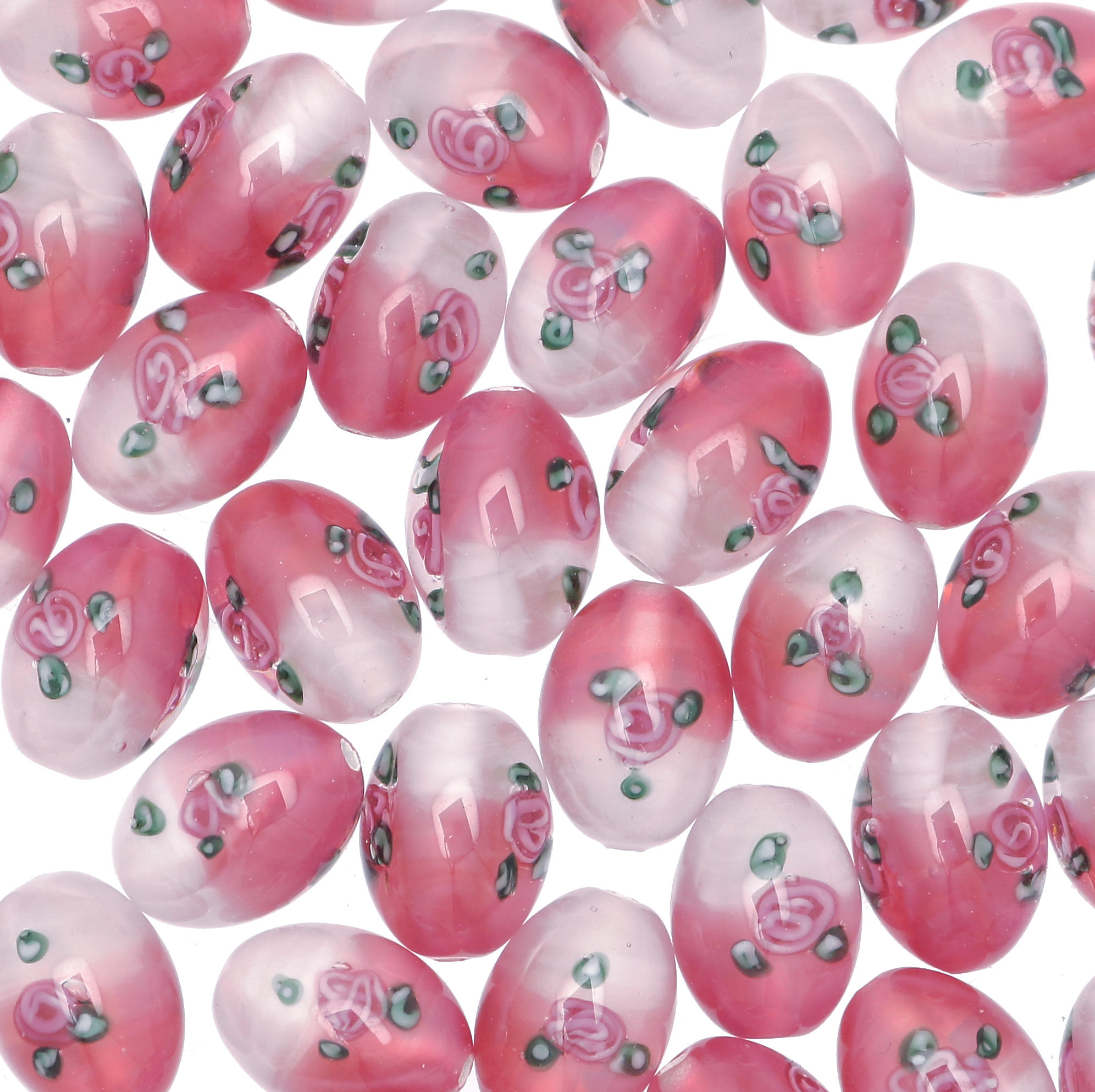 Murrina a forma di oliva liscia e disegno fiore, 14x10 mm., colore bianco sfumato in rosa