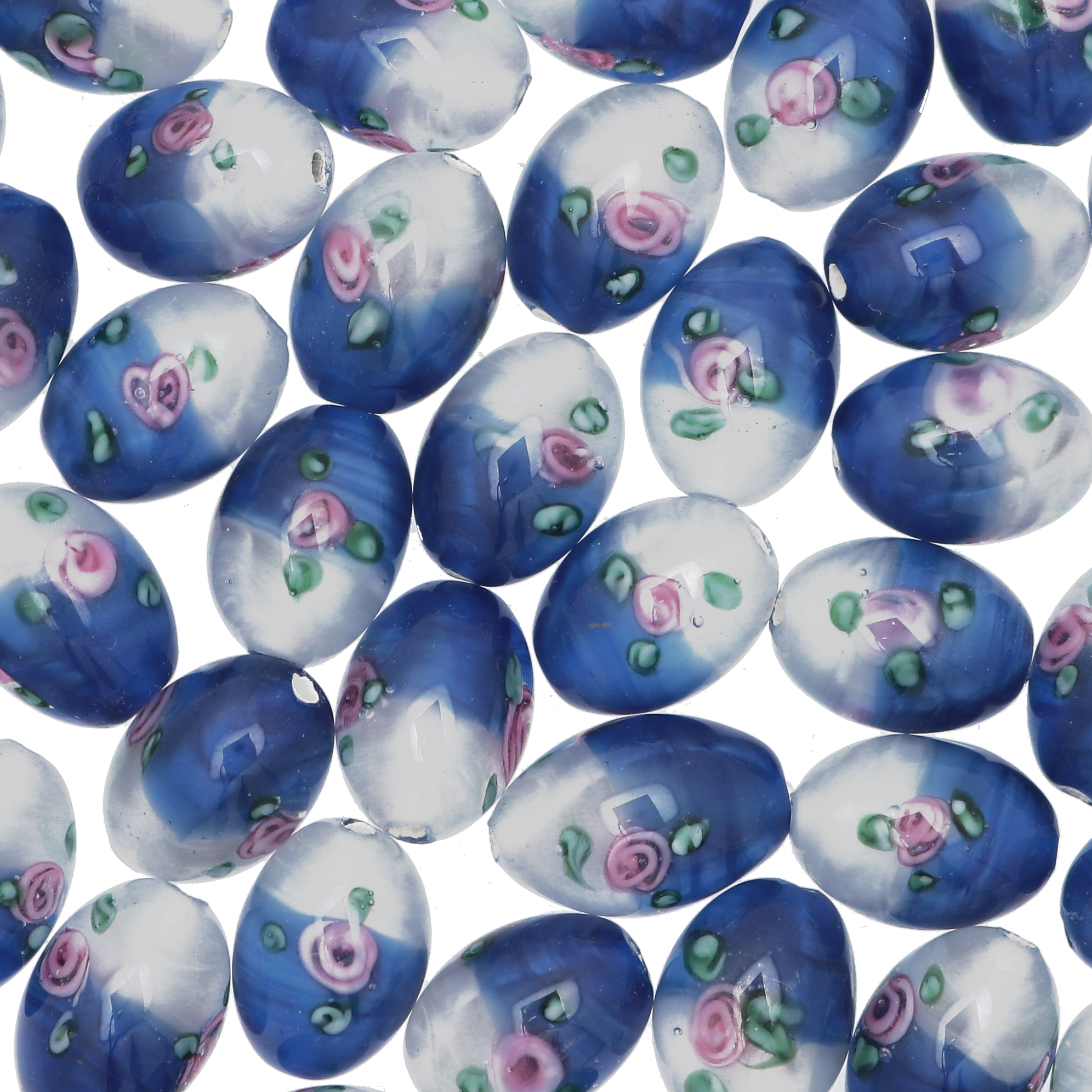 Murrina a forma di oliva liscia e disegno fiore, 14x10 mm., colore bianco sfumato in blu