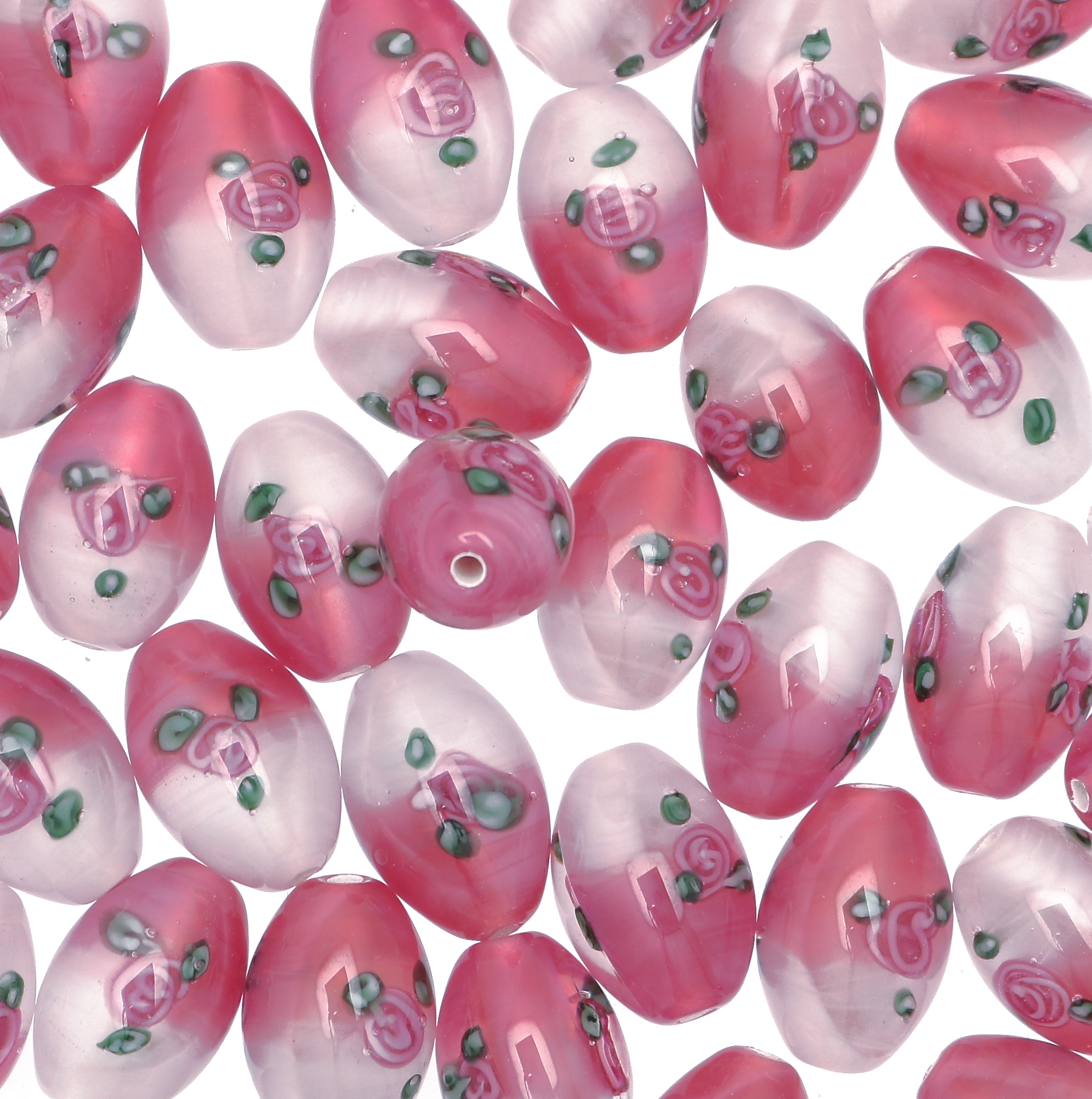 Murrina a forma di oliva liscia e disegno fiore, 16x10 mm., colore bianco sfumato in rosa