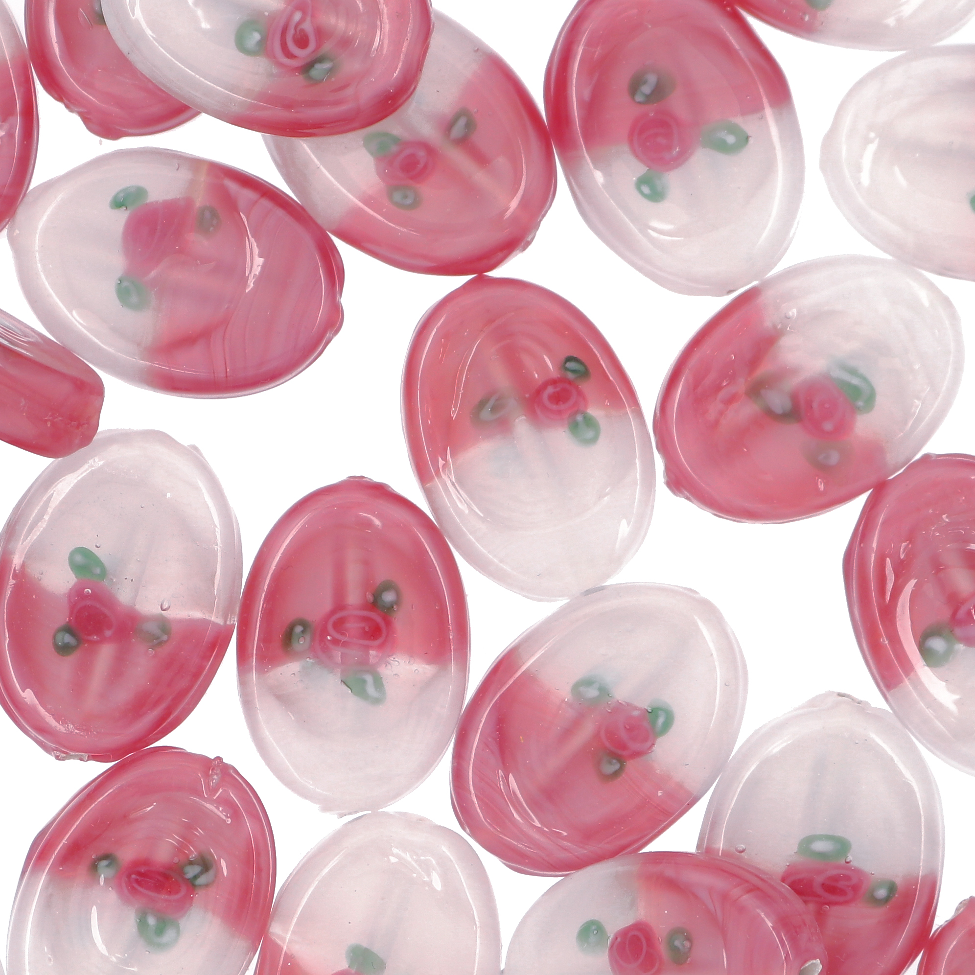 Murrina a forma di ovale piatto liscio e disegno fiore, 20x15 mm., colore bianco sfumato in rosa