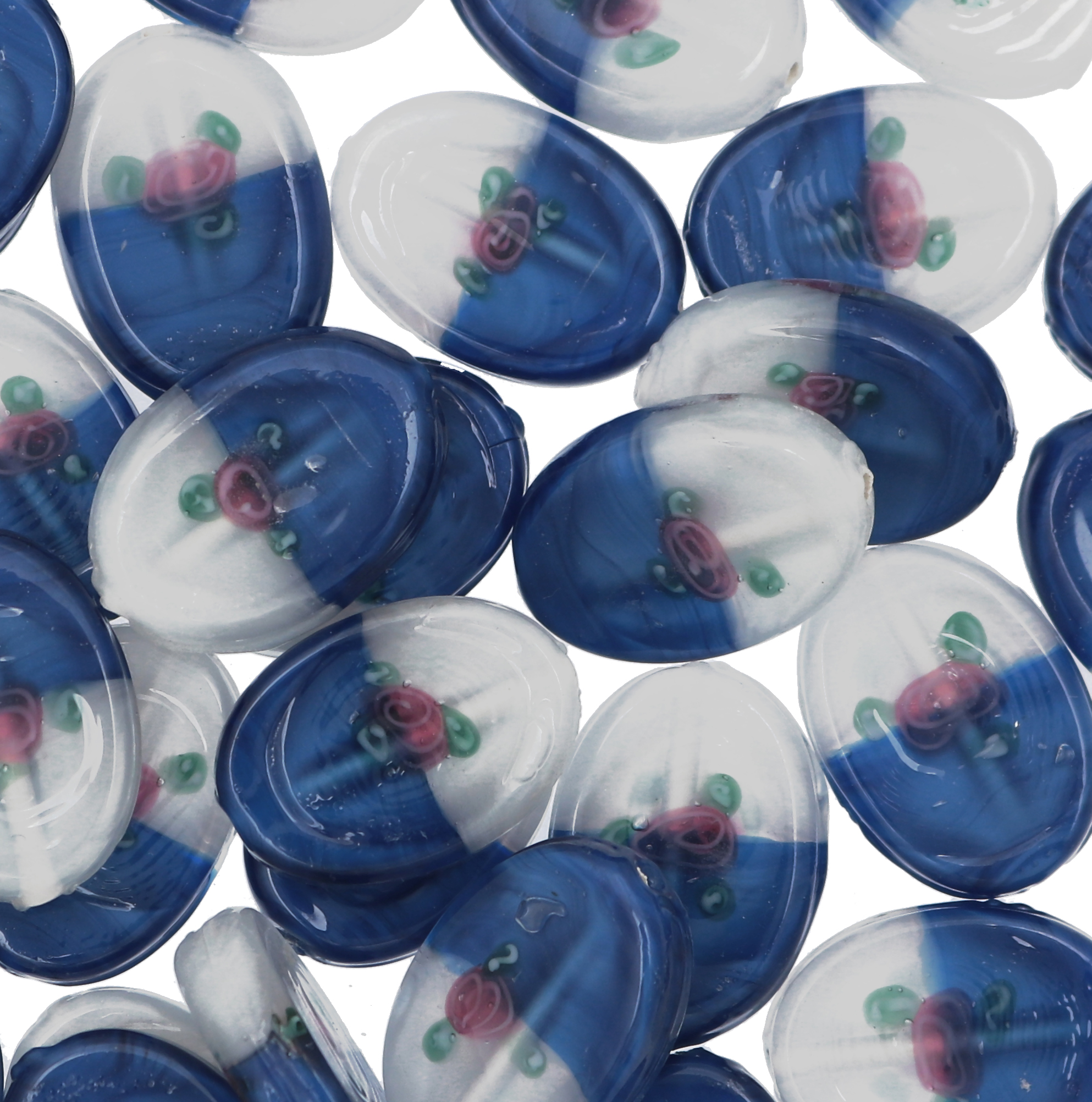 Murrina a forma di ovale piatto liscio e disegno fiore, 20x15 mm., colore bianco sfumato in blu
