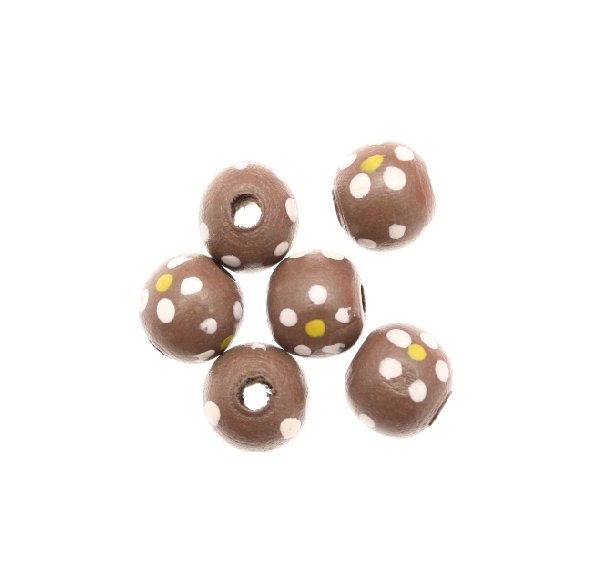 Palla in legno marrone scura con fiori bianchi 12 mm, foro largo