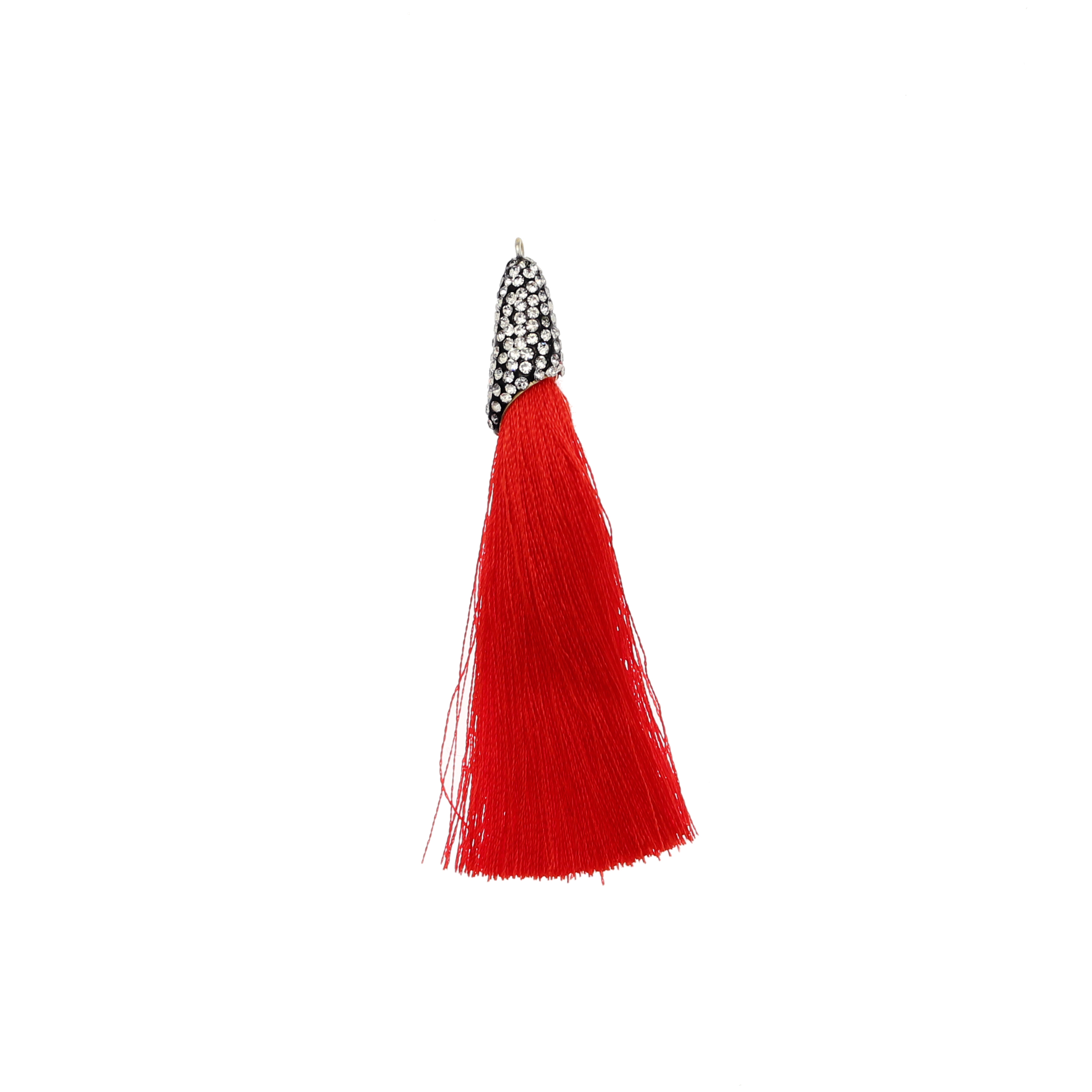 Nappina in poliestere con coppetta ricoperta di strass, con anellino, lunghezza totale 8 cm., colore Rosso