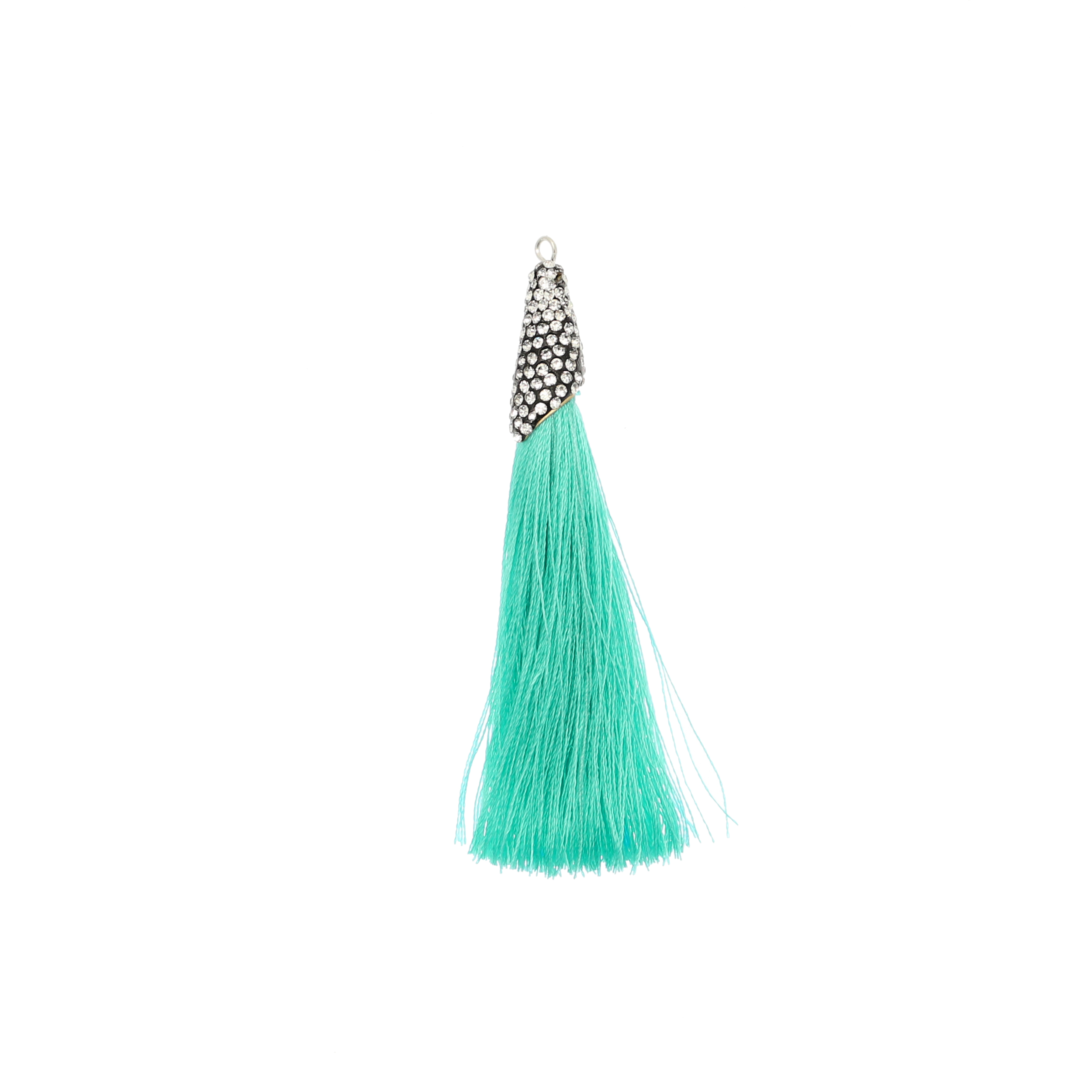 Nappina in poliestere con coppetta ricoperta di strass, con anellino, lunghezza totale 8 cm., colore Verde Acqua