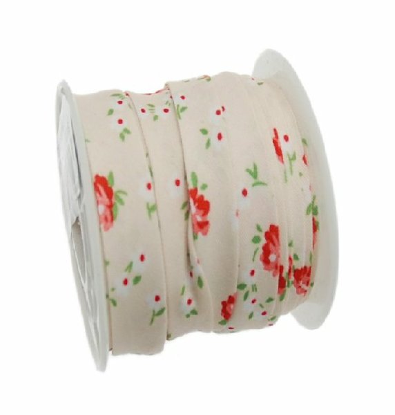Nastro piatto, a sbieco piegato, in poliestere , alto 10 mm., colore FIORATO SU BASE PANNA