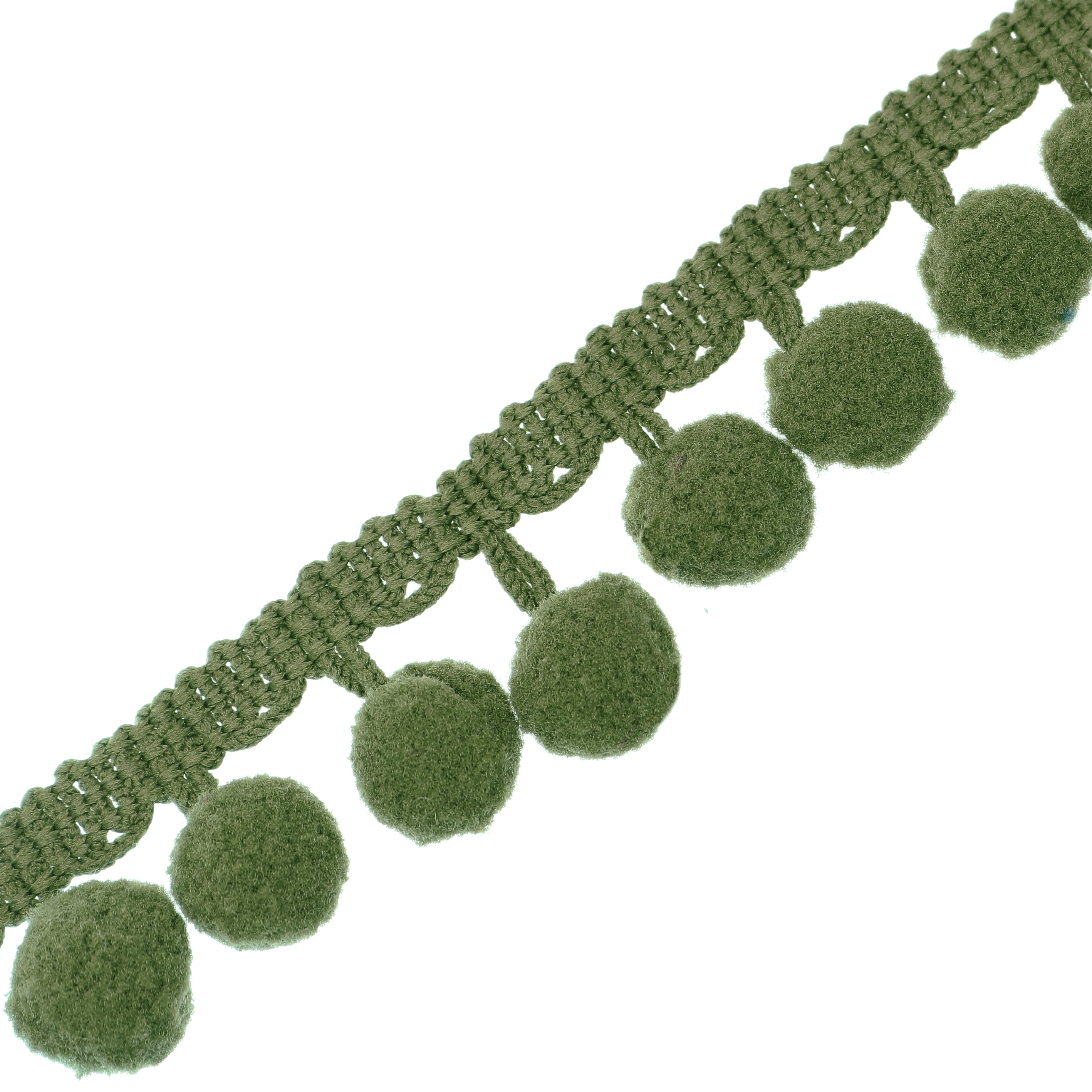 Passamaneria con pon pon (diametro 8 mm.), alta 2 cm., colore VERDE OLIVA (Confezione da 50 cm)