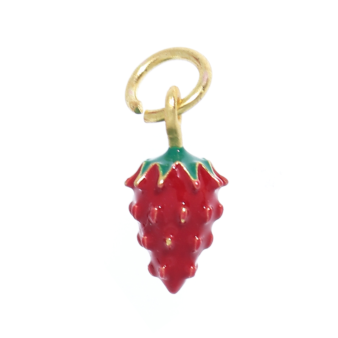 Ciondolo a forma di Fragola smaltata rosso e verde, 7x15 mm., base Oro Lucido