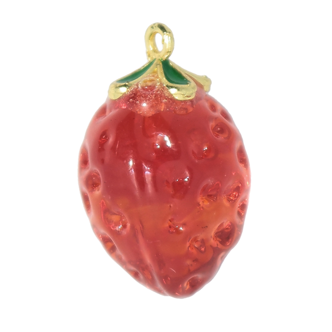 Ciondolo a forma di Fragola in Vetro colore rosso e verde, 13x22 mm., base Oro Lucido