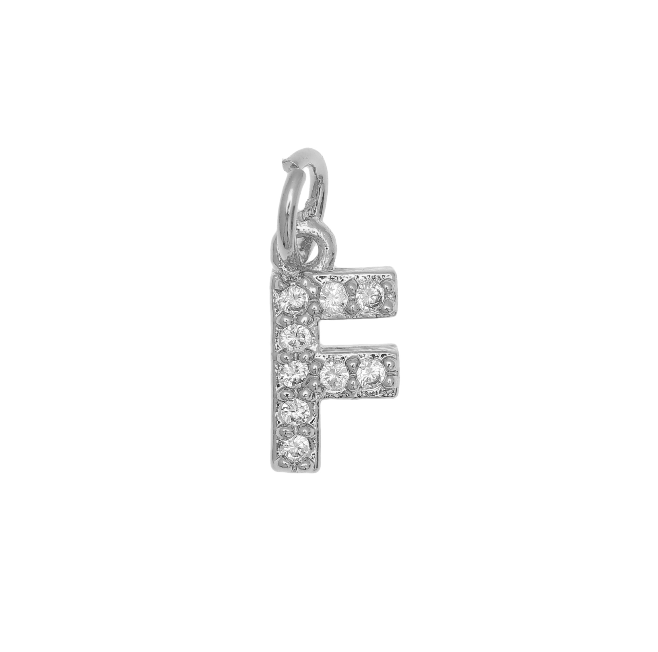 Ciondolo a forma di lettera "F", 9x4 mm., strass colore Crystal, base colore Argento Rodio