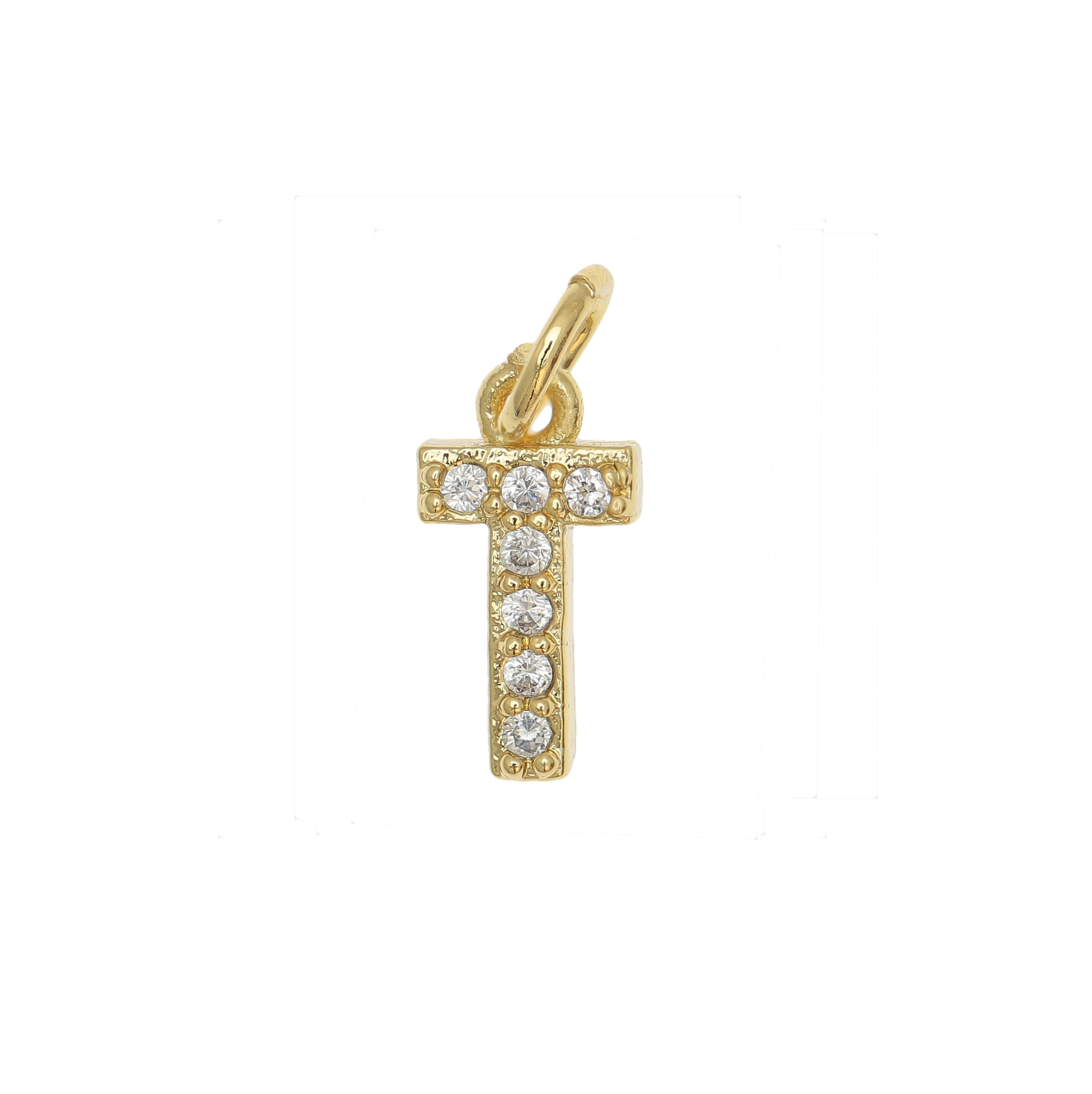 Ciondolo a forma di lettera "T", 9x4 mm., strass colore Crsytal, base colore Oro Lucido