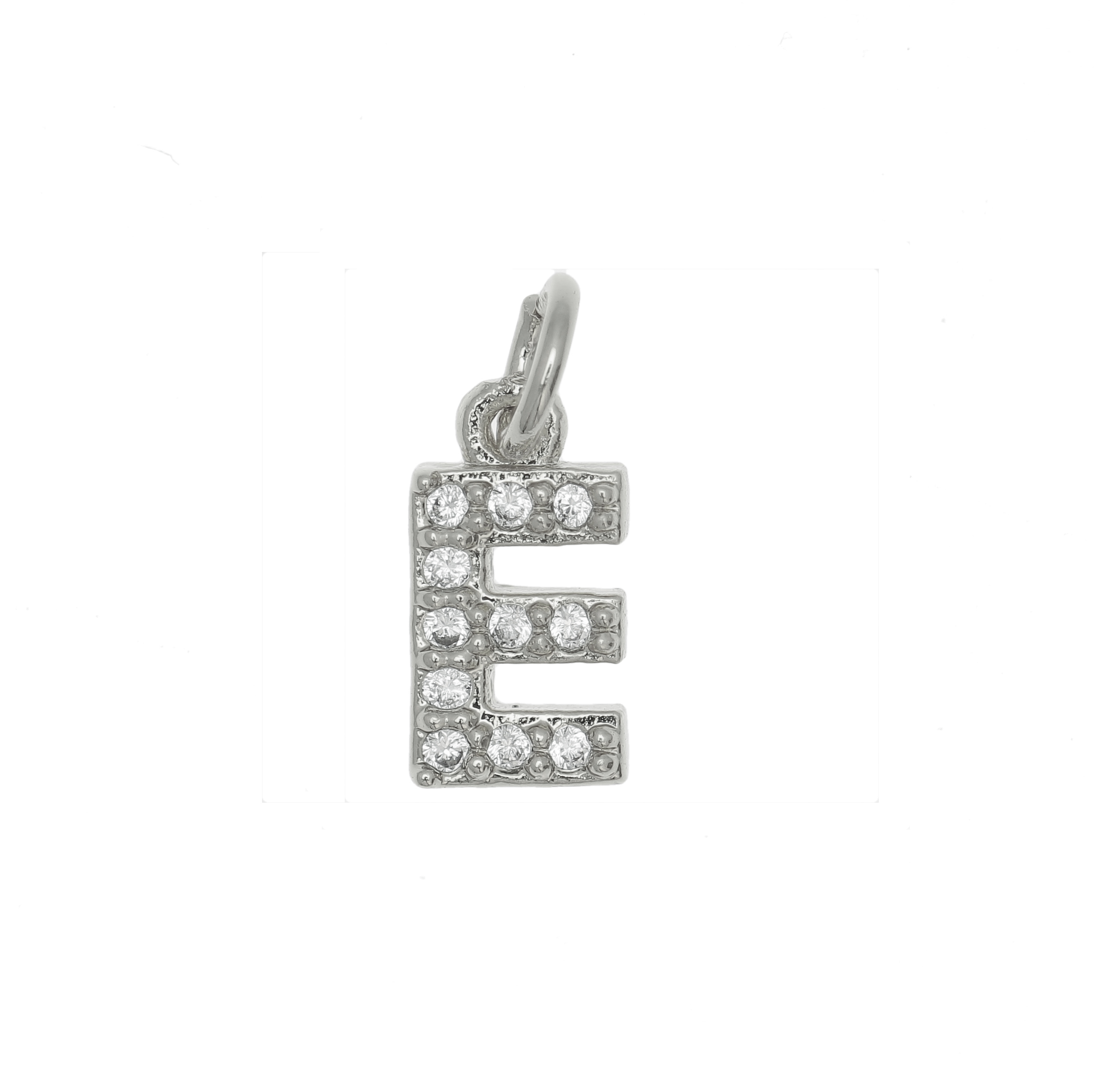 Ciondolo a forma di lettera "E", 9x5 mm., strass colore Crystal, base colore Argento Rodio
