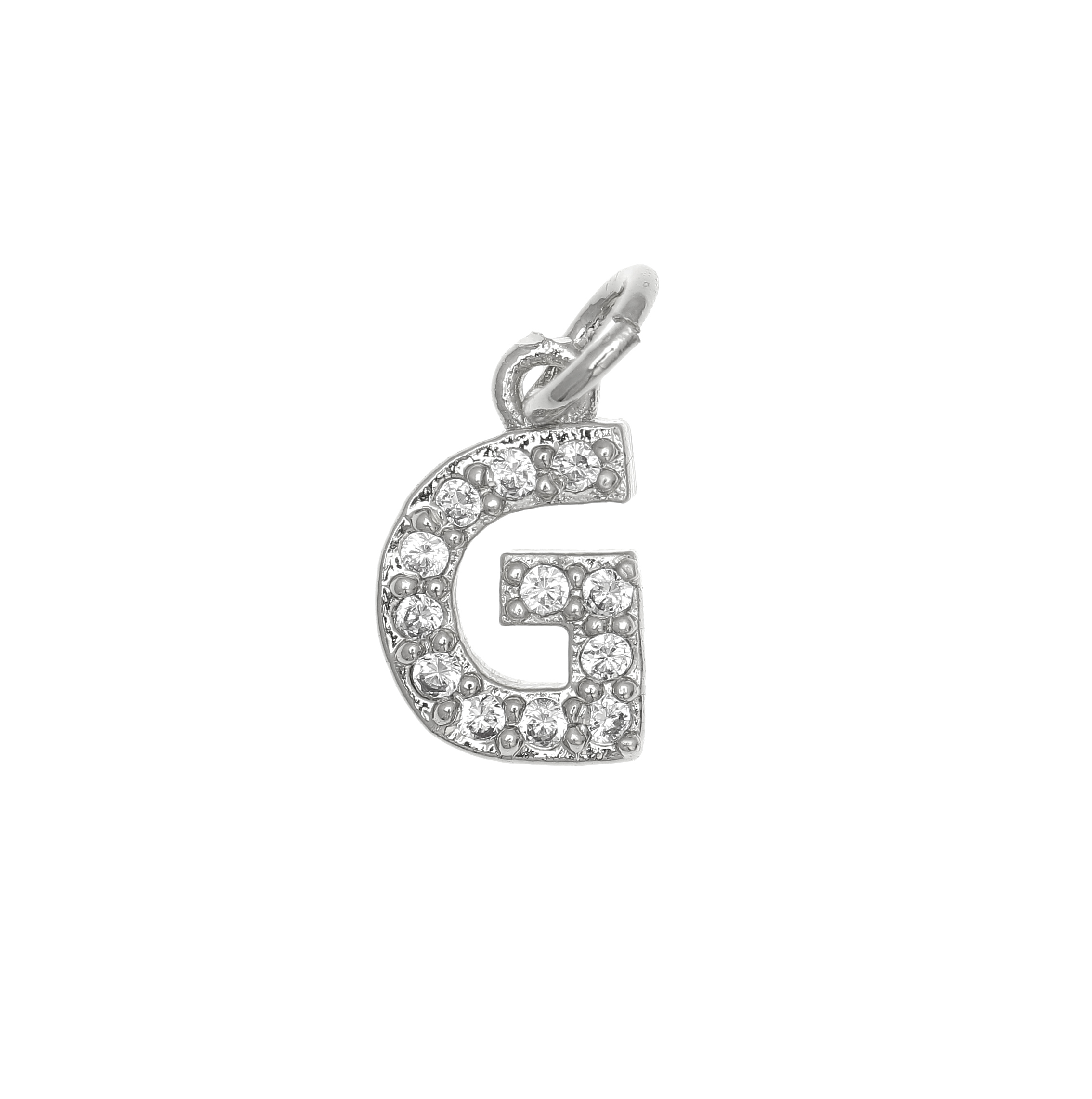 Ciondolo a forma di lettera "G", 9x5 mm., strass colore Crystal, base colore Argento Rodio