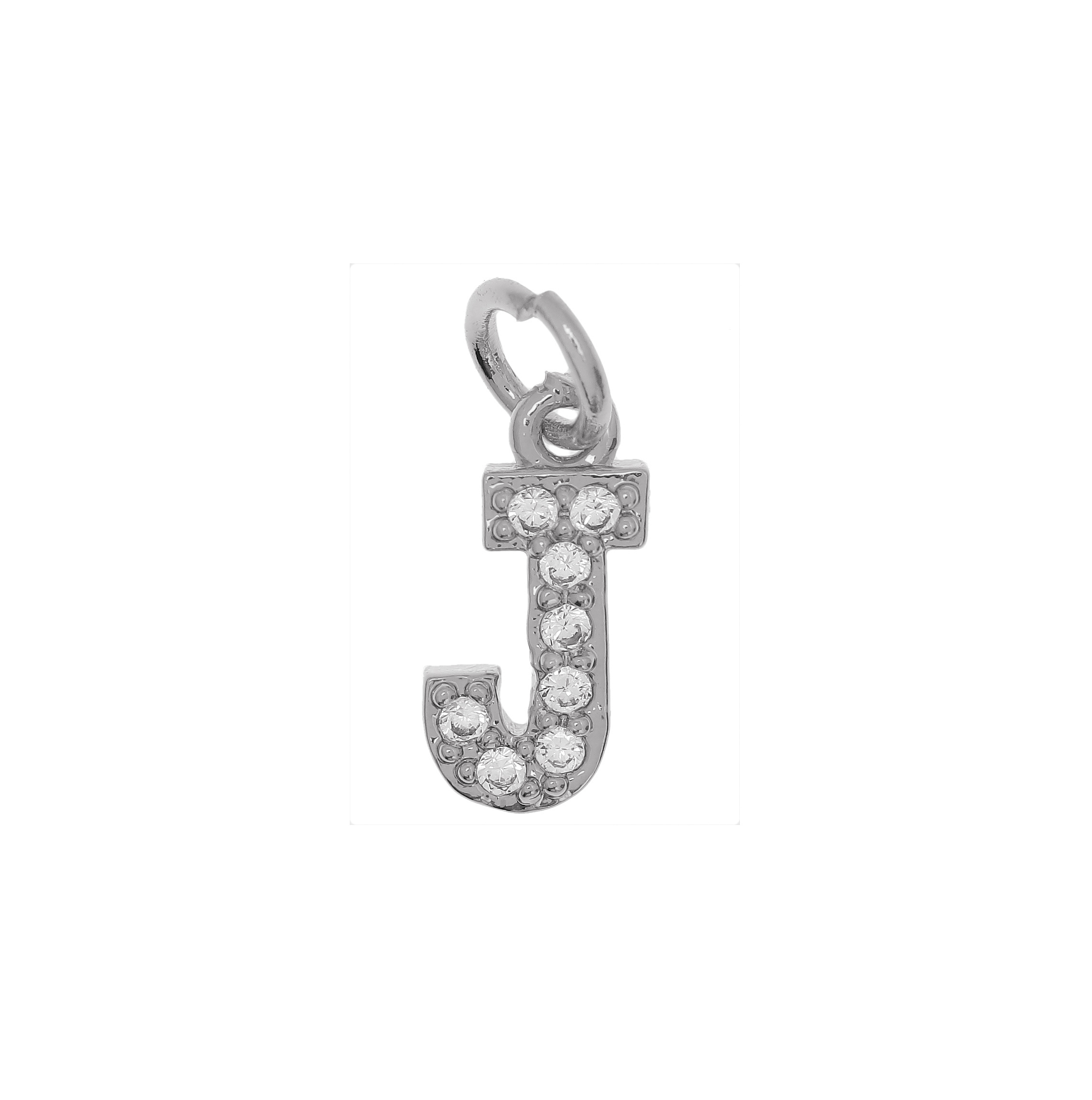 Ciondolo a forma di lettera "J", 9x5 mm., strass colore Crystal, base colore Argento Rodio