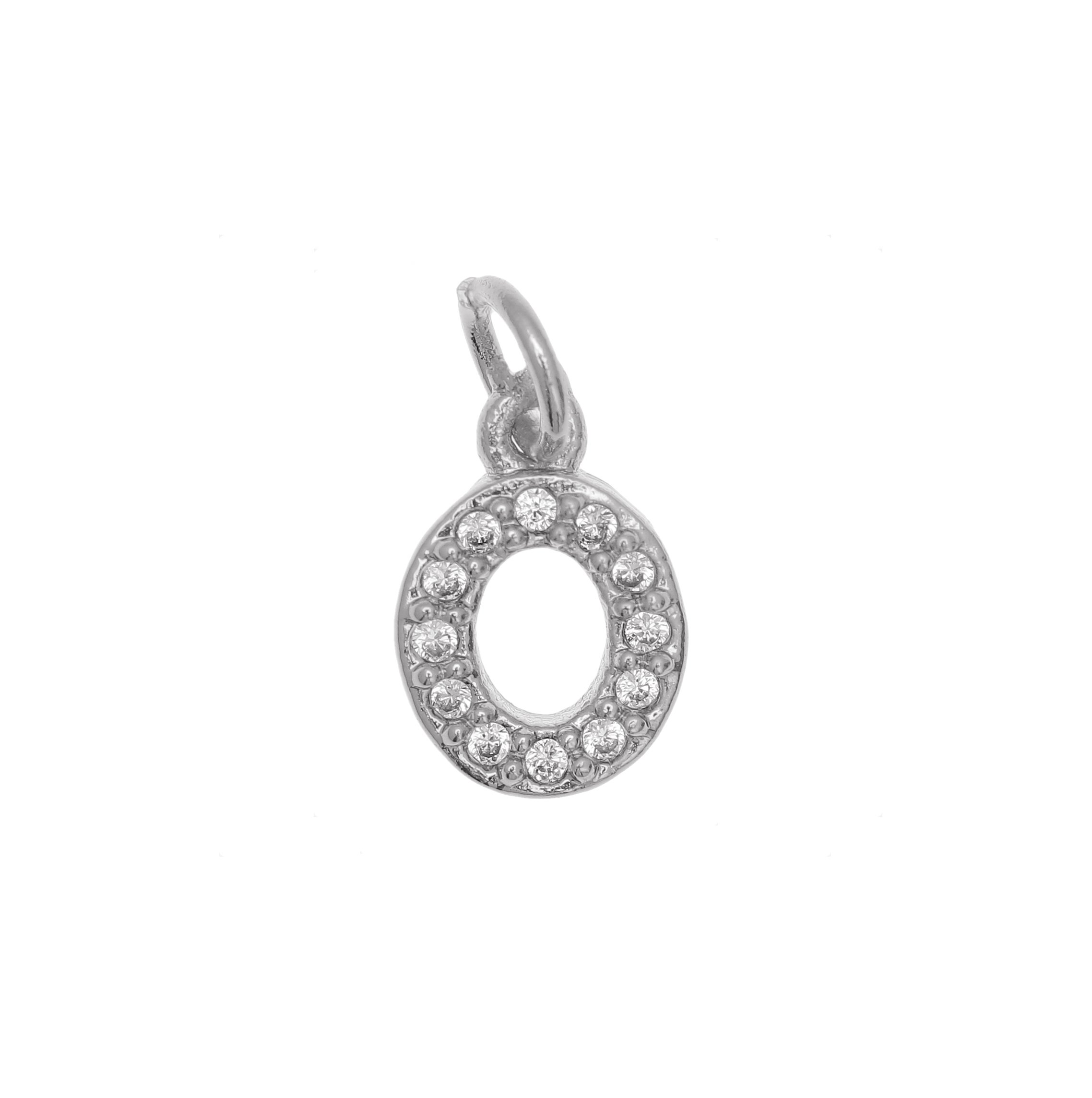 Ciondolo a forma di lettera "O", 9x5 mm., strass colore Crystal, base colore Argento Rodio