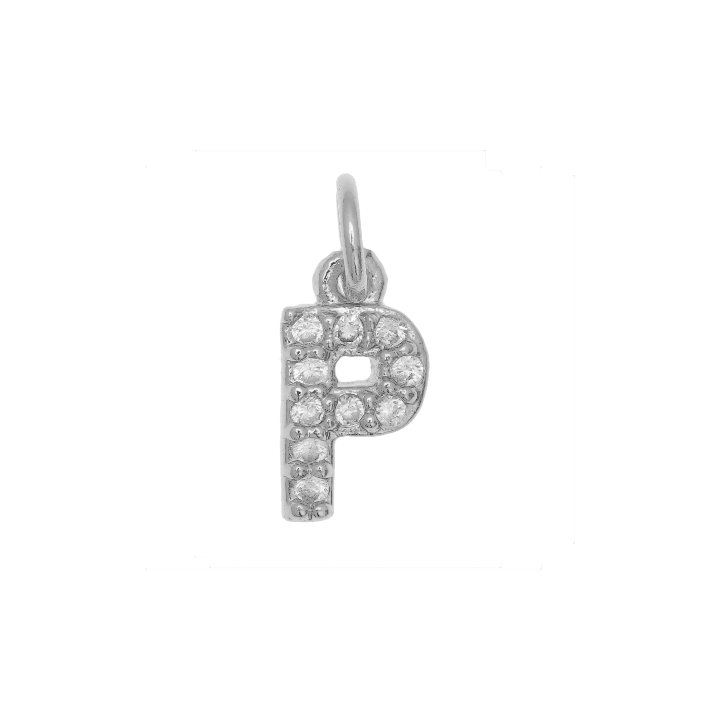 Ciondolo a forma di lettera "P", 9x5 mm., strass colore Crystal, base colore Argento Rodio