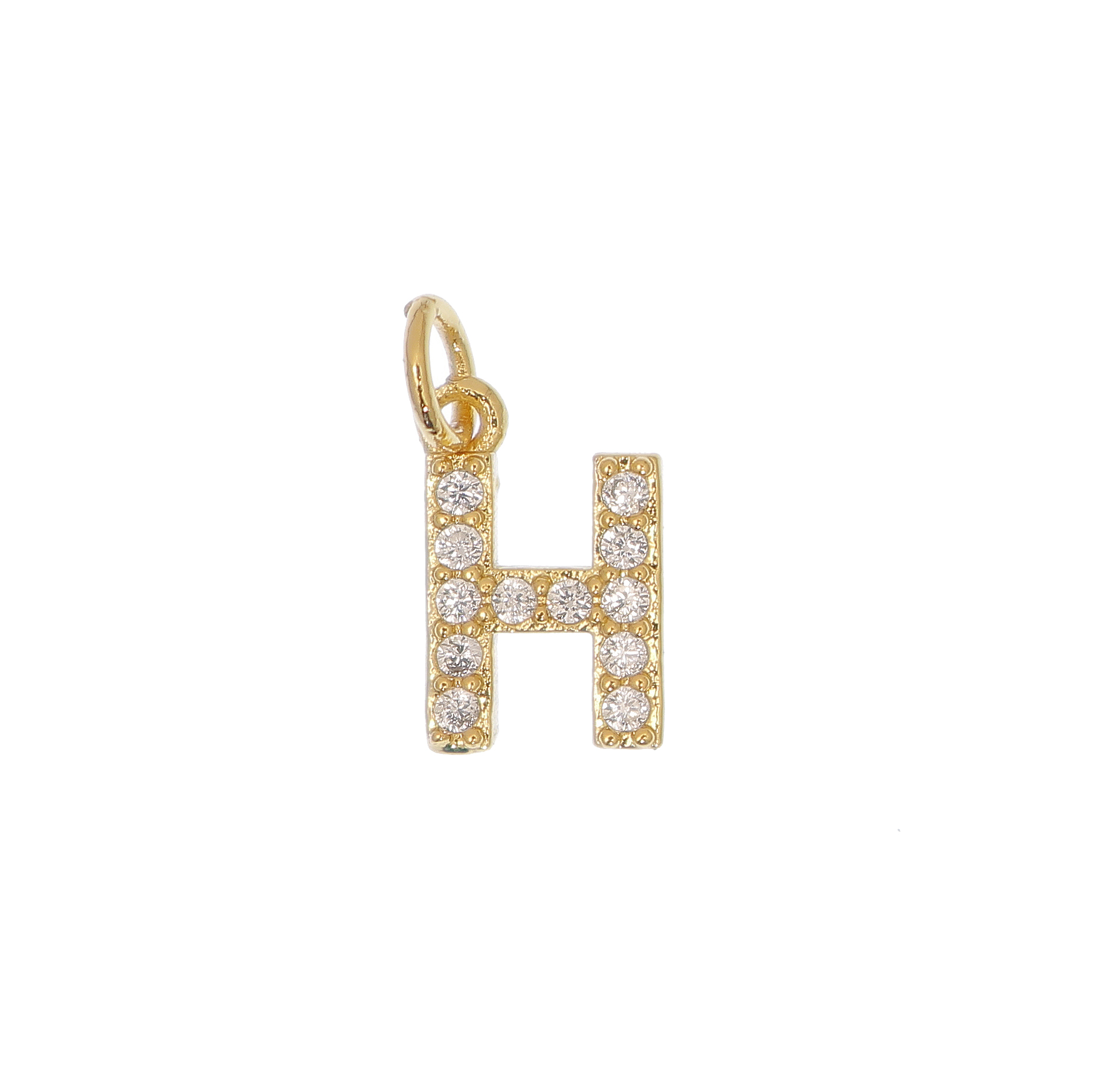 Ciondolo a forma di lettera "H", 9x5 mm., strass colore Crystal, base colore Oro Lucido
