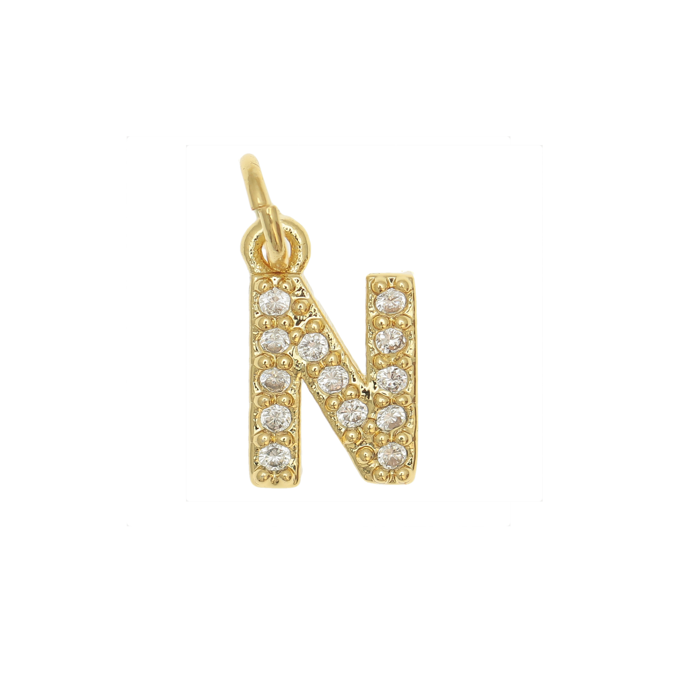 Ciondolo a forma di lettera "N", 9x5 mm., strass colore Crsytal, base colore Oro Lucido