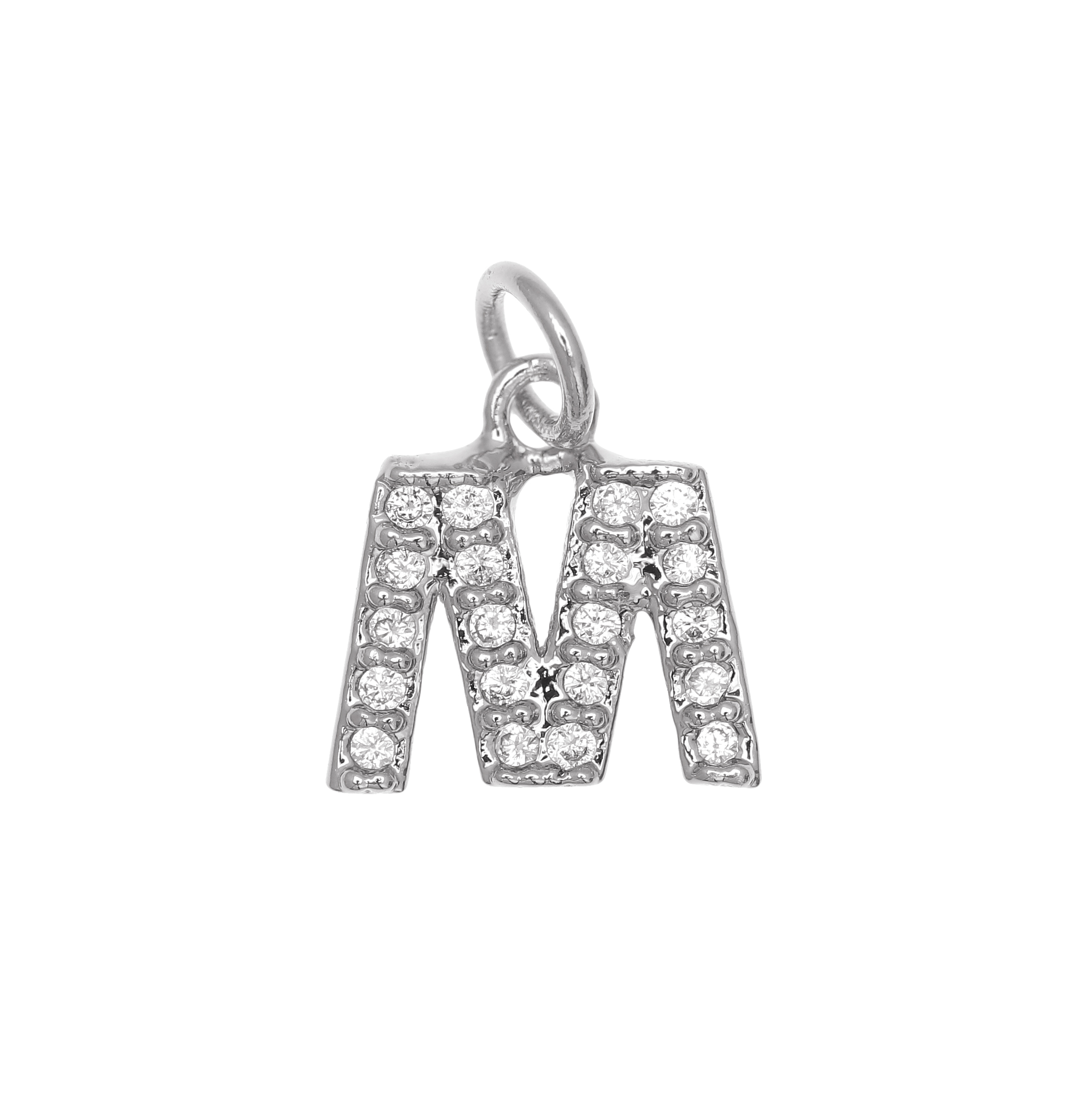 Ciondolo a forma di lettera "M", 9x9 mm., strass colore Crystal, base colore Argento Rodio
