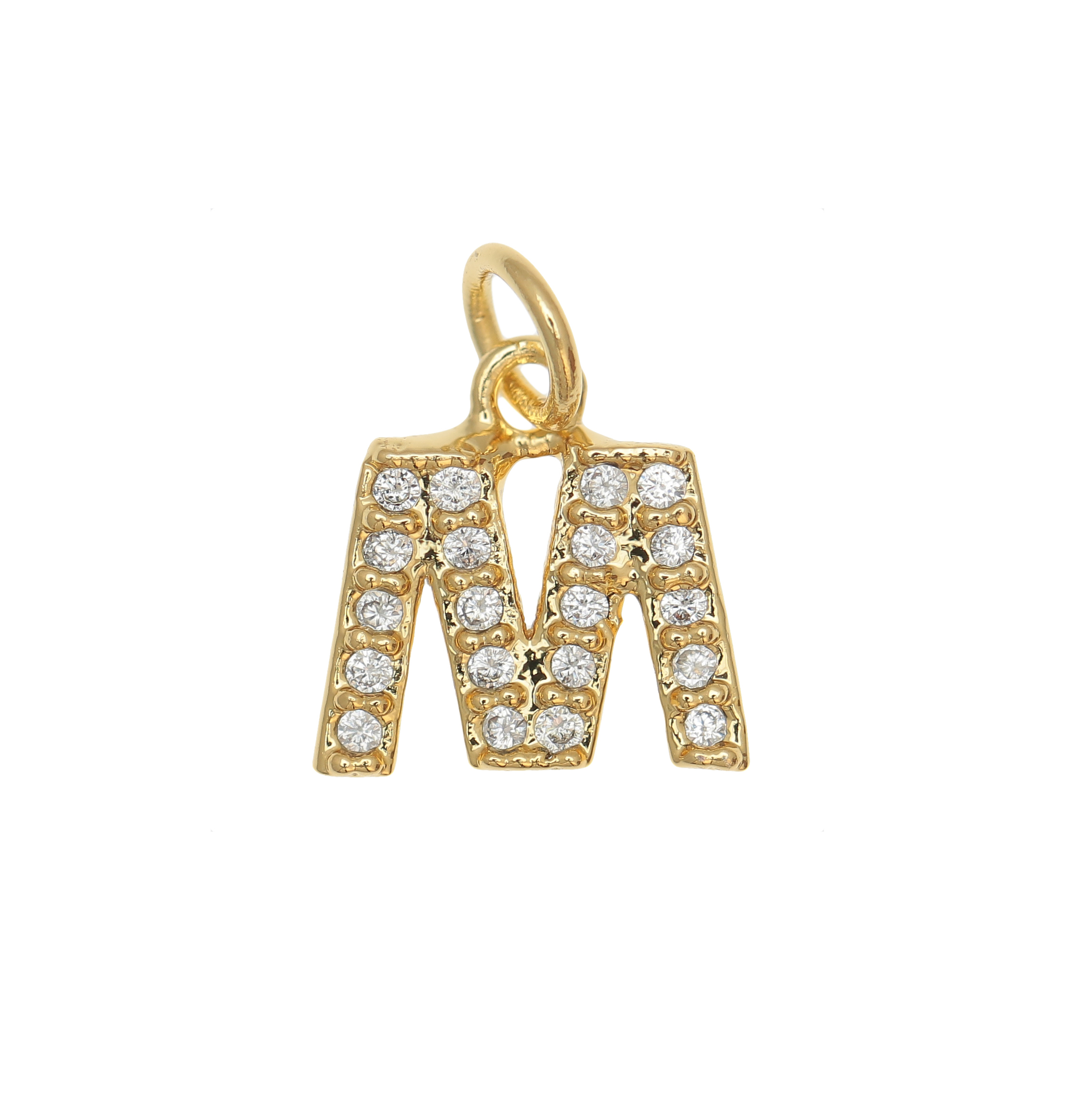 Ciondolo a forma di lettera "M", 9x9 mm., strass colore Crsytal, base colore Oro Lucido