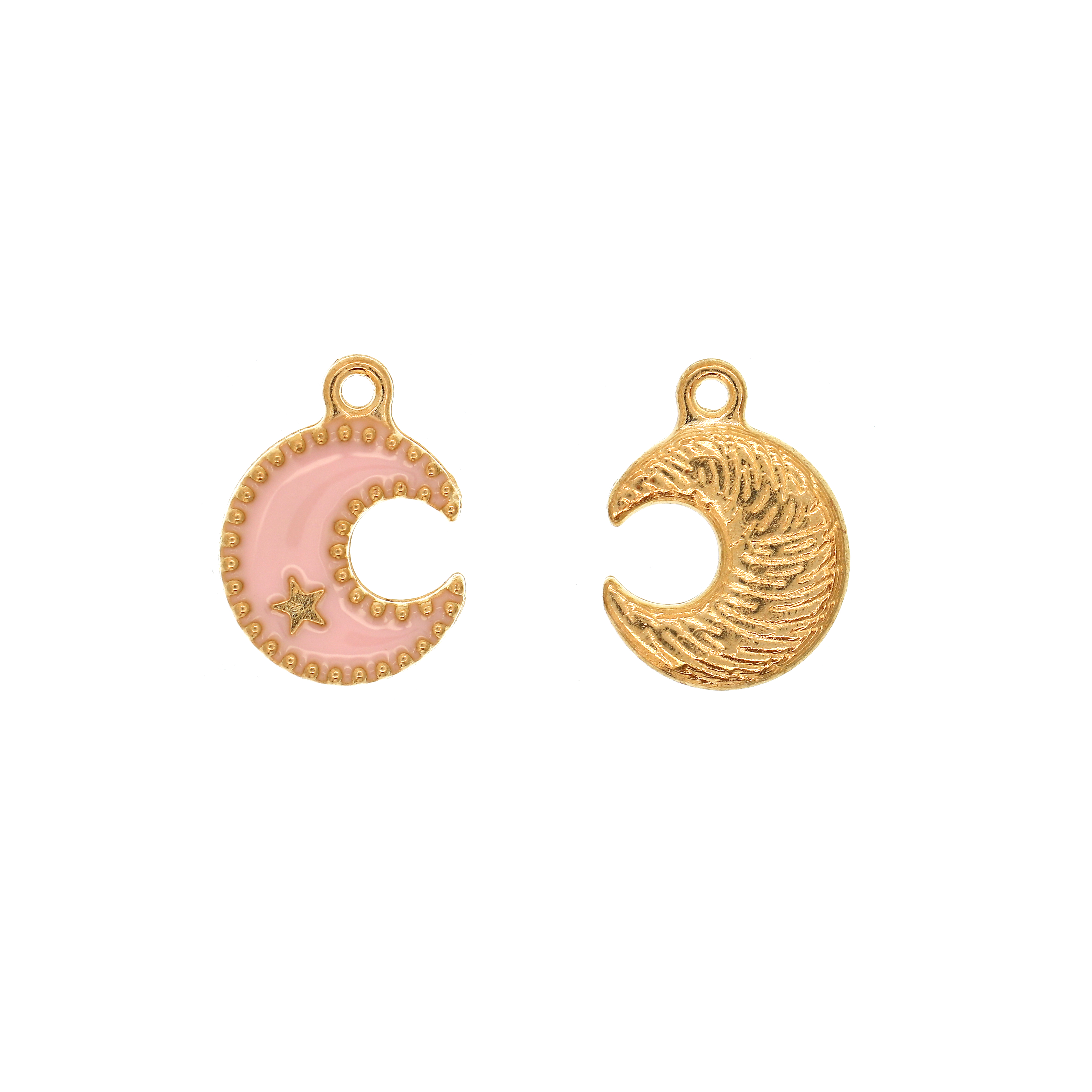 Ciondolo a forma di Luna+stellina, 13x16 mm., base in metallo Oro Lucido, colore smalto Rosa