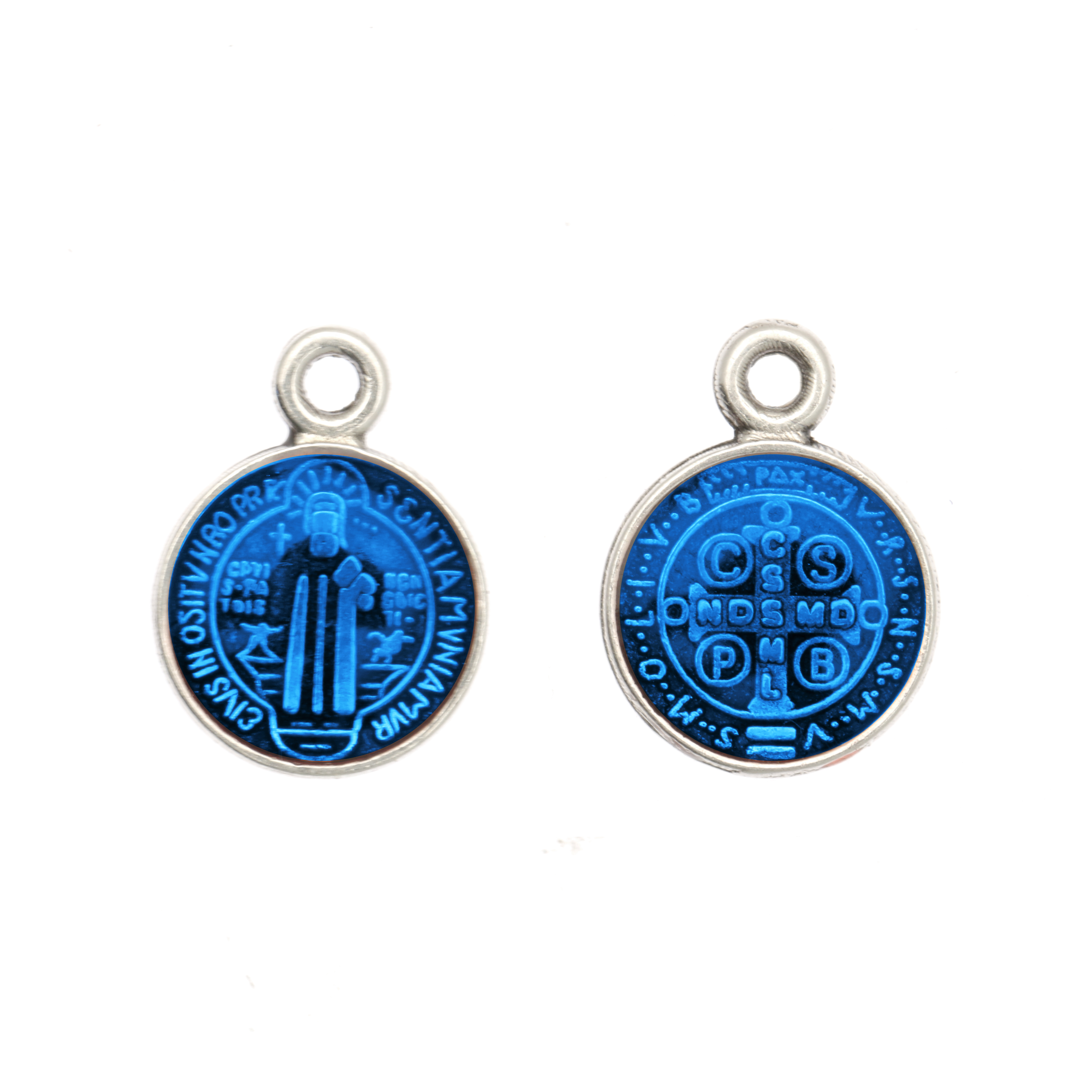 Ciondolo a forma di Medaglia con Santo, 10x13 mm., base Argento Anticato, colore smalto Blu