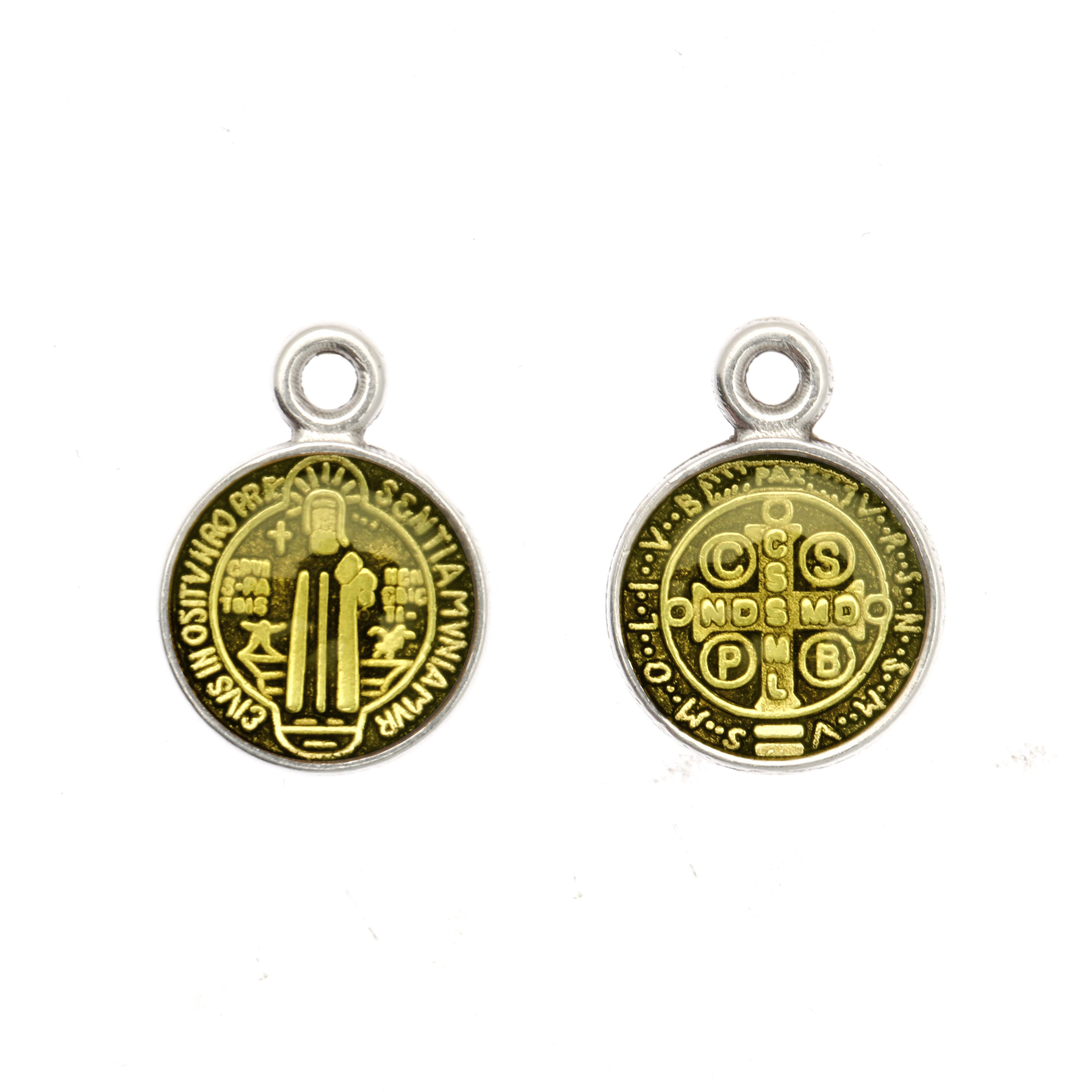 Ciondolo a forma di Medaglia con Santo, 10x13 mm., base Argento Anticato, colore smalto Verde Oliva