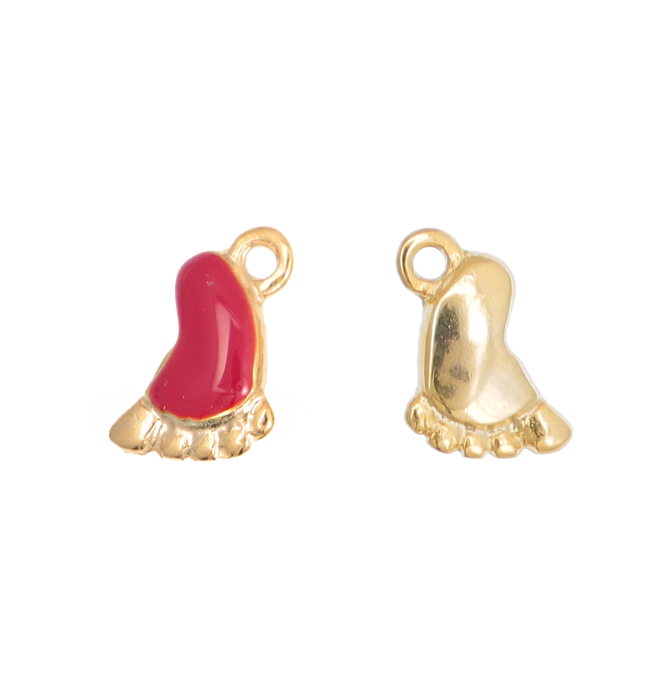Ciondolo a forma di piedino di bambino, 14x9, colore base Oro Lucido, smalto colore Rosso