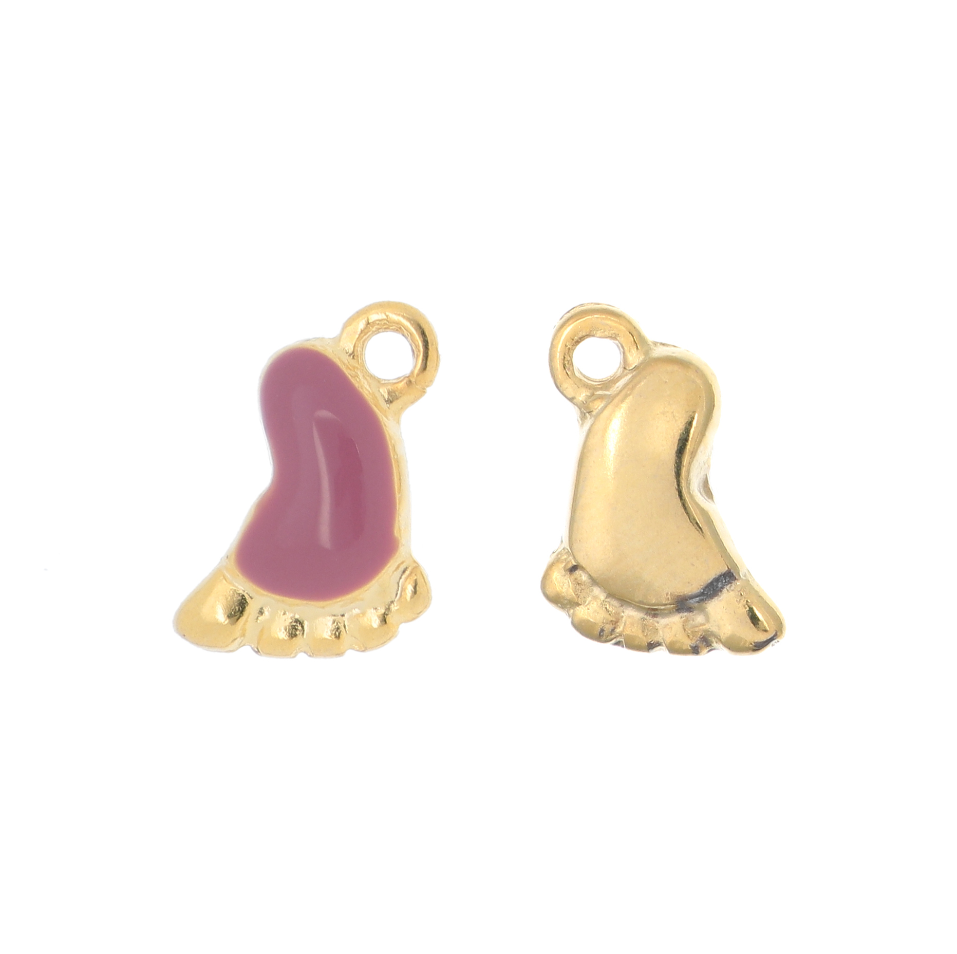 Ciondolo a forma di piedino di bambino, 14x9, colore base Oro Lucido, smalto colore Rosa Antico