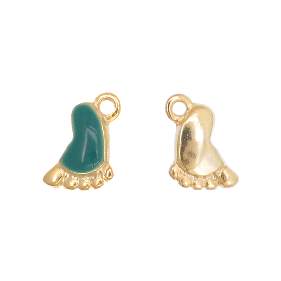 Ciondolo a forma di piedino di bambino, 14x9, colore base Oro Lucido, smalto colore Petrolio
