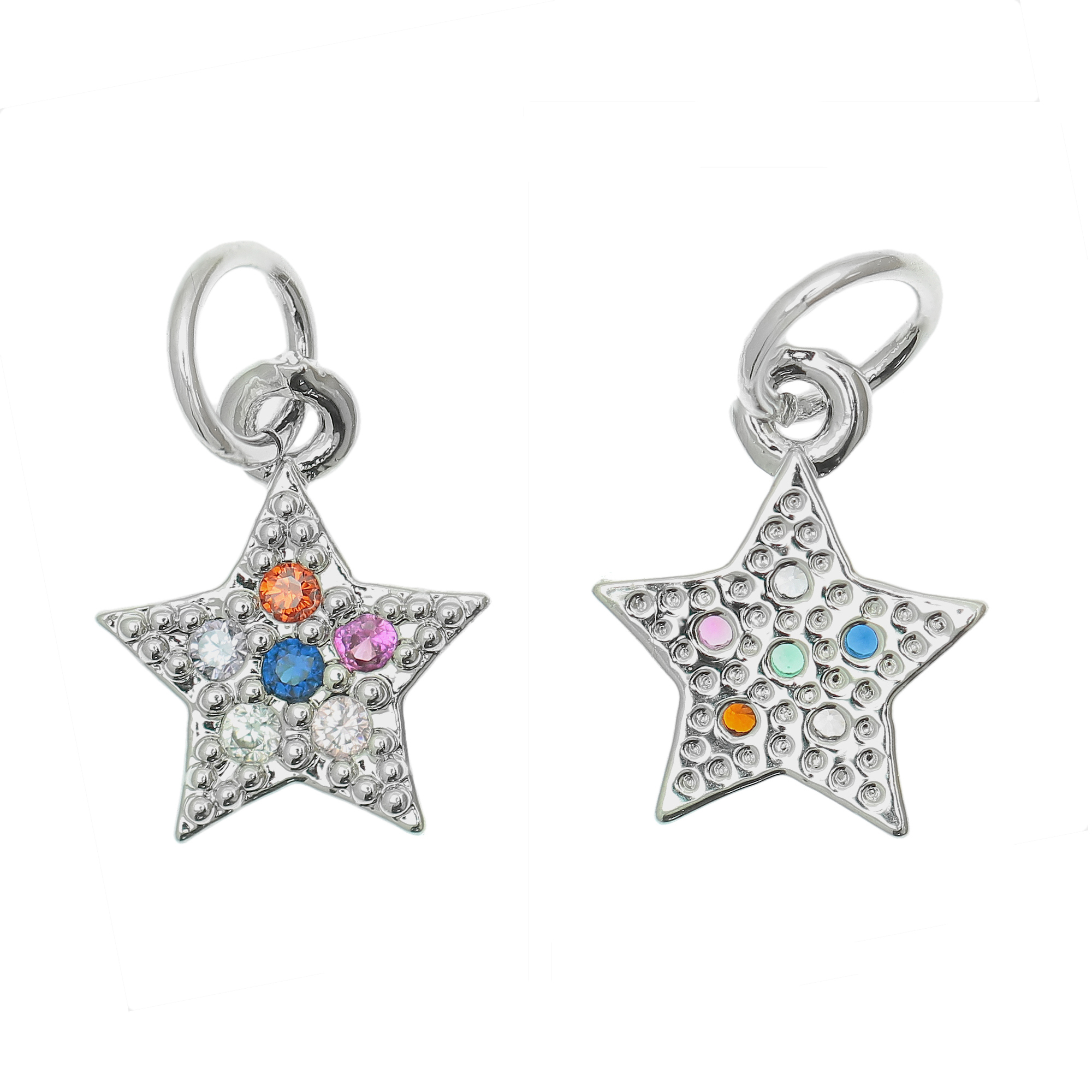 Ciondolo a forma di stella, con strass Multicolor, 11x9 mm., base in metallo colore Argento Rodio