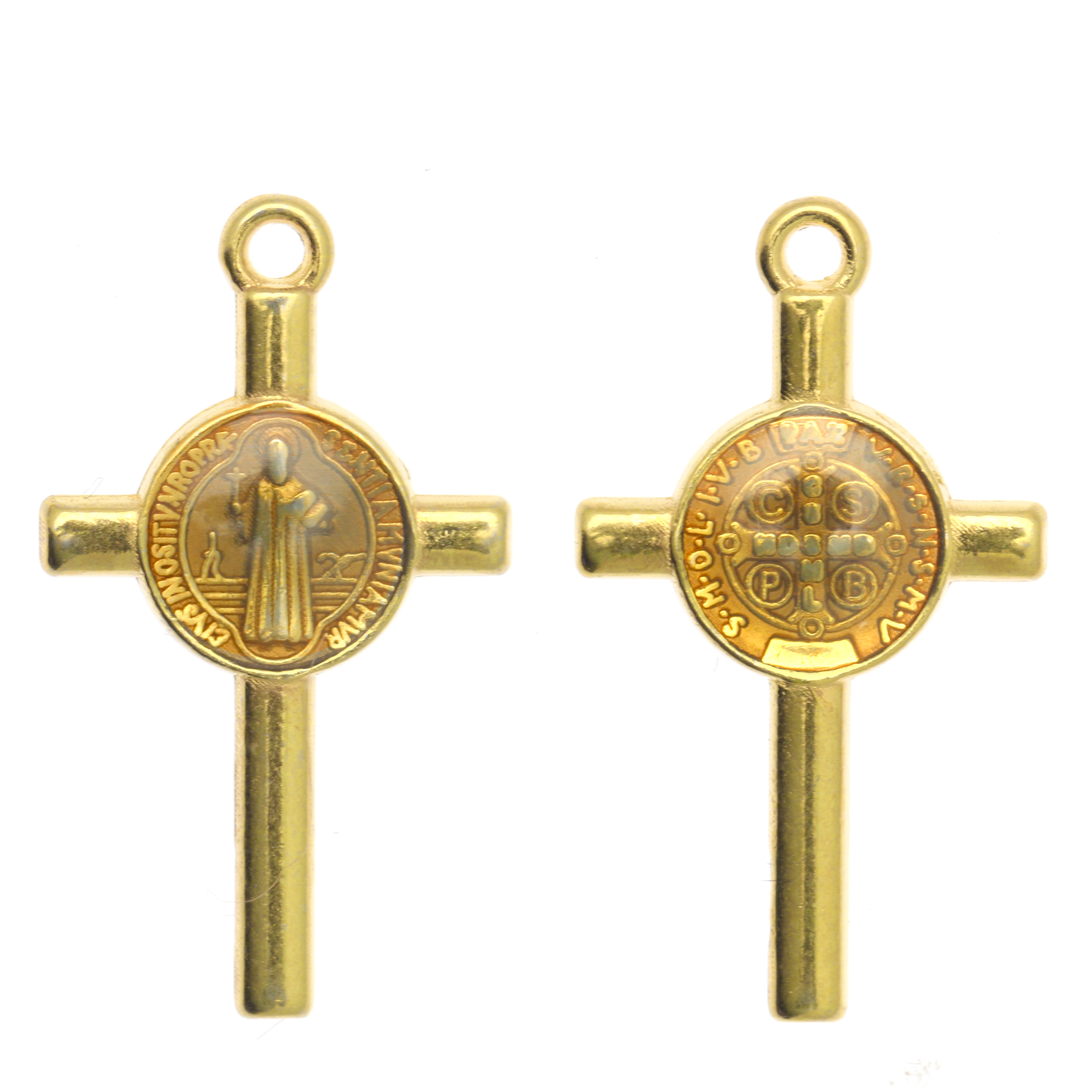 Ciondolo a forma di Croce con elemeno al centro, 13x23 mm., base Oro Lucido, colore smalto Topazio