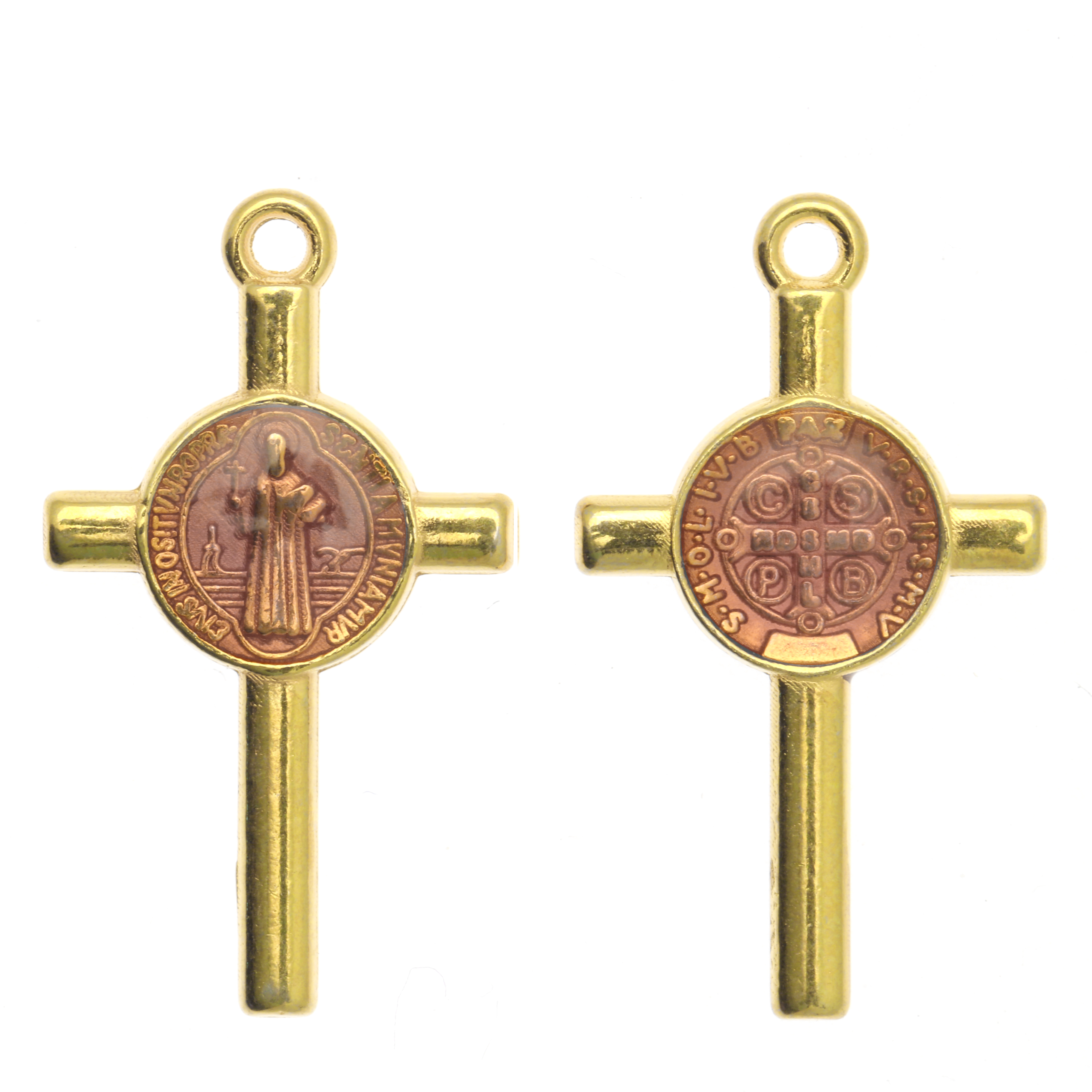 Ciondolo a forma di Croce con elemeno al centro, 13x23 mm., base Oro Lucido, colore smalto Ametista Chiaro