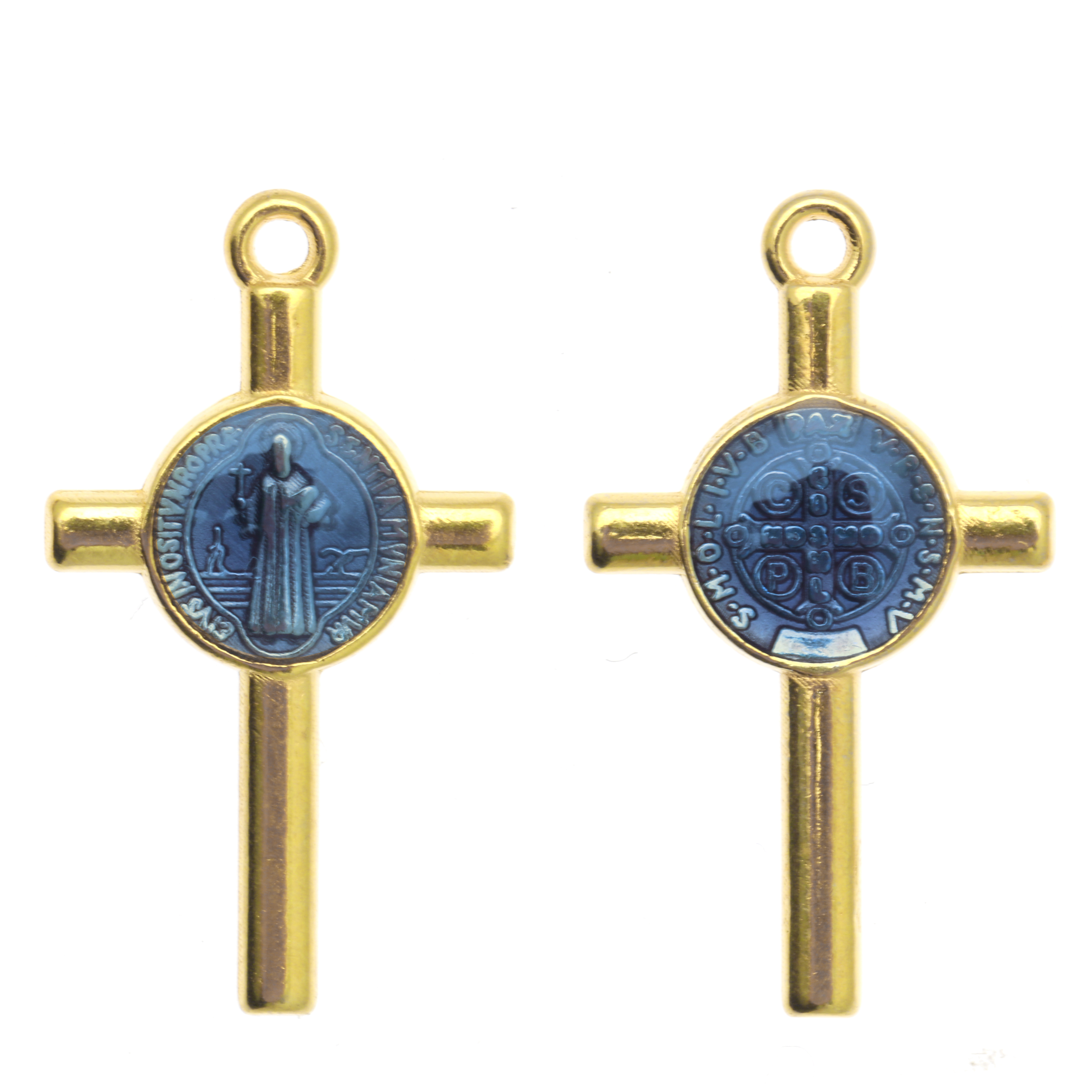 Ciondolo a forma di Croce con elemeno al centro, 13x23 mm., base Oro Lucido, colore smalto Avio