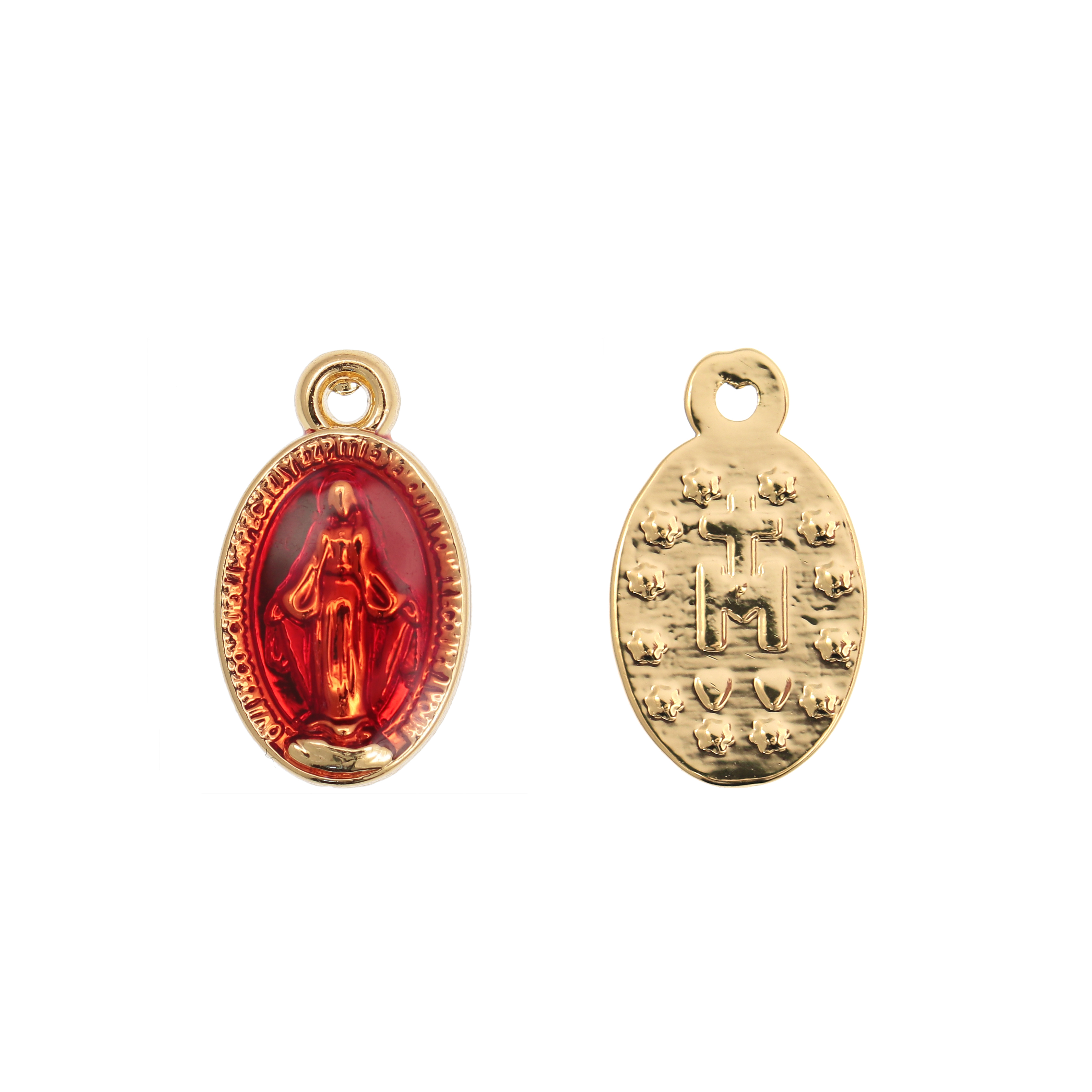 Ciondolo a Medaglia con Madonna, 15x9 mm., base Oro Lucido, colore smalto Rosso