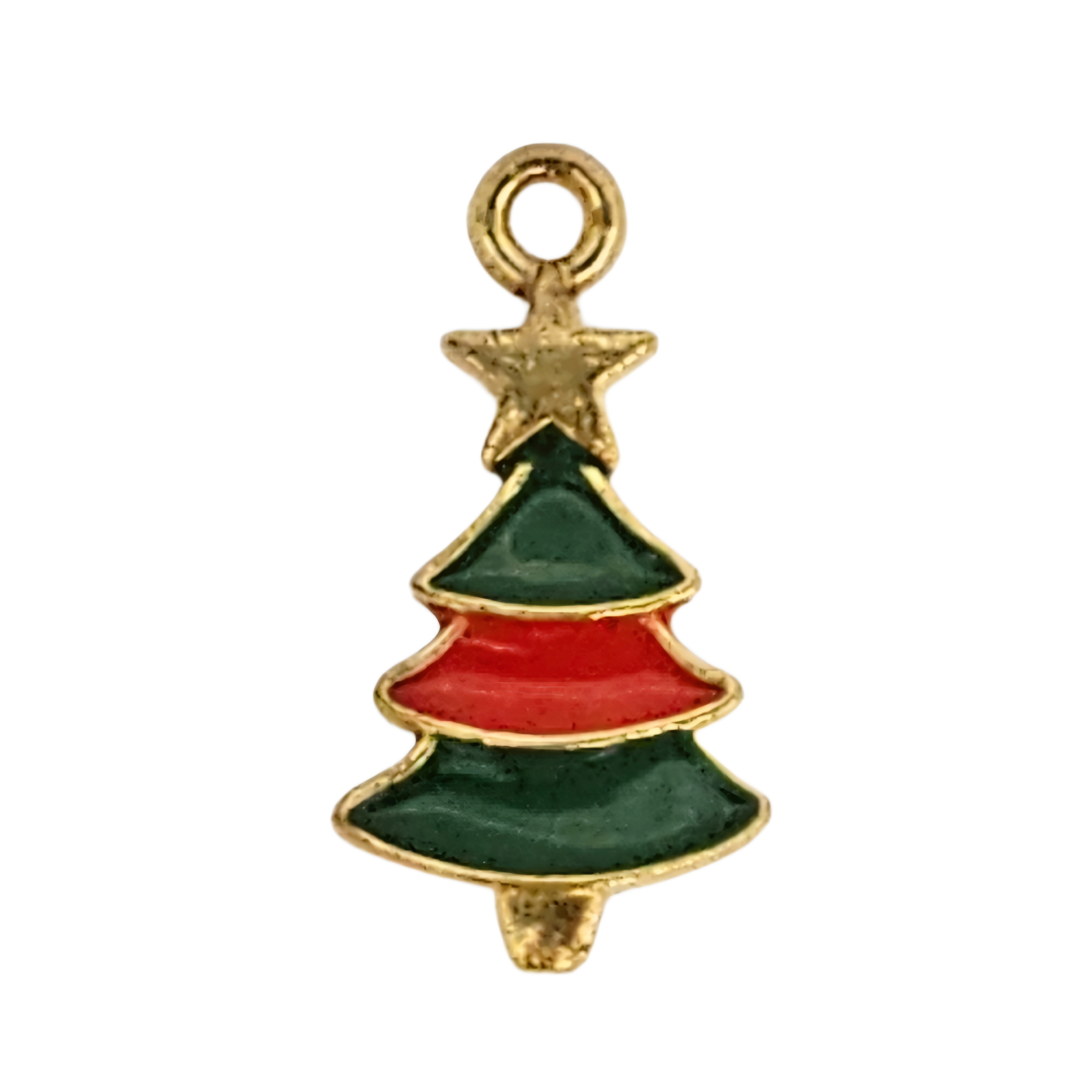 Ciondolo a forma di Albero di Natale smaltato, 22x11 mm., base in Ottone colore Oro Lucido
